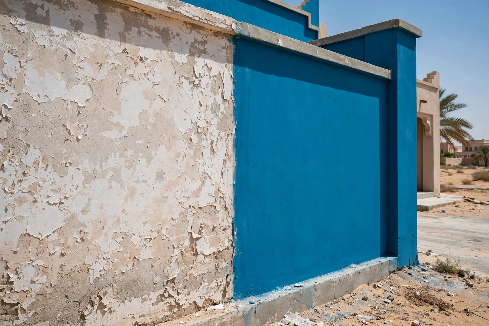 Faded versus fresh exterior paint on a Saudi villa wall, showing exterior paint fading causes in Riyadh