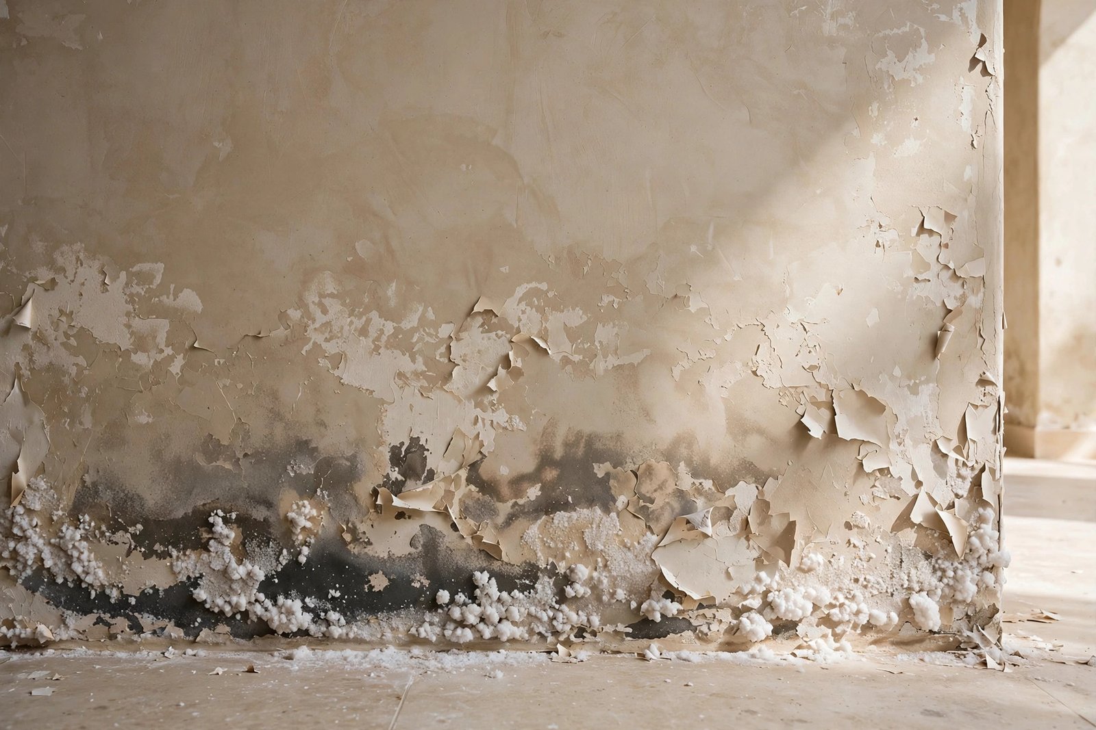 Wall dampness and efflorescence treatment in Riyadh: white salt stains, peeling paint and moisture damage on a villa wall