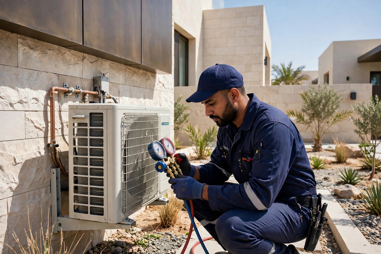 AC technician performing post summer AC care steps on an outdoor unit at a Saudi villa