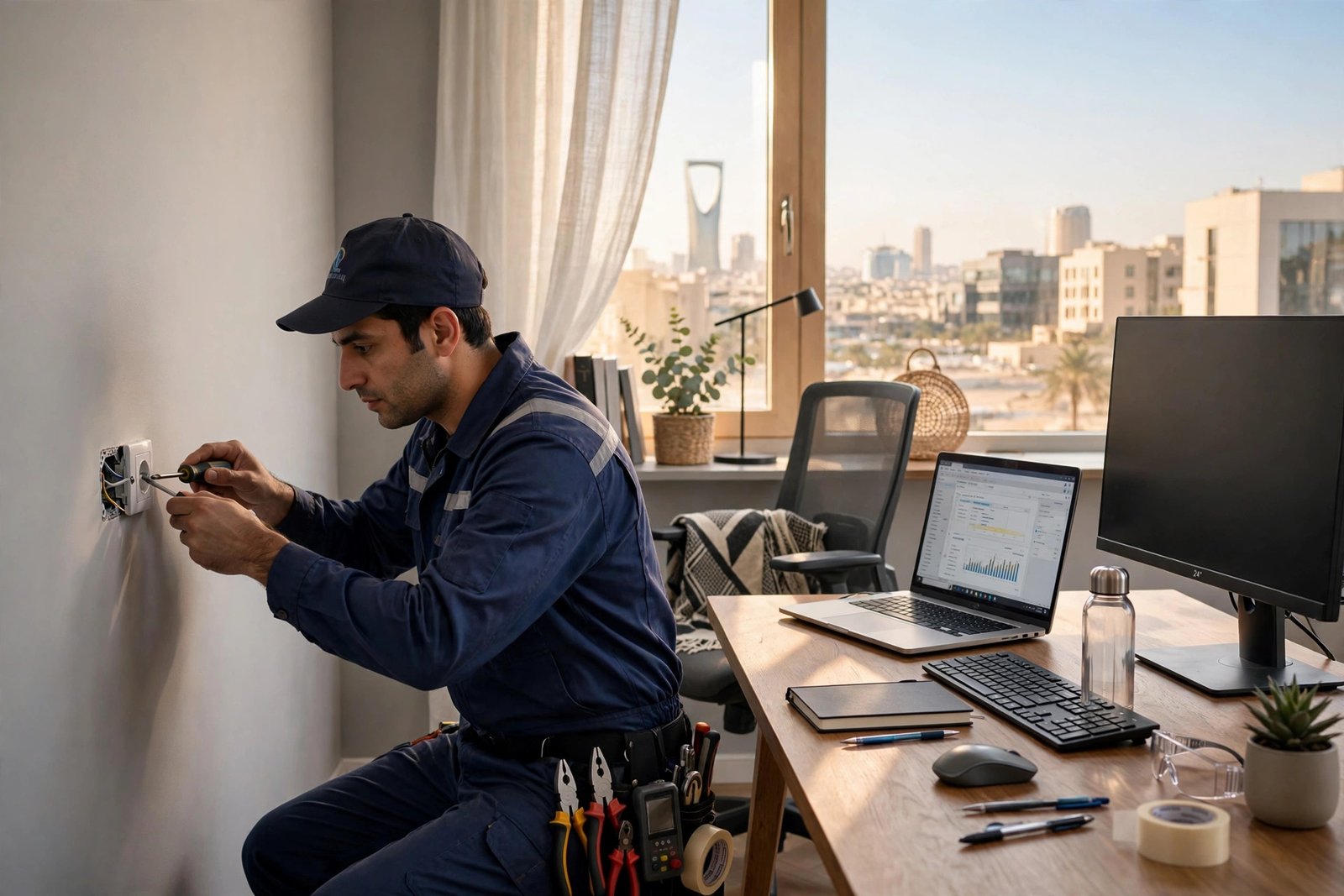 Electrician installing a wall socket in a Riyadh home office, part of our home office wiring tips