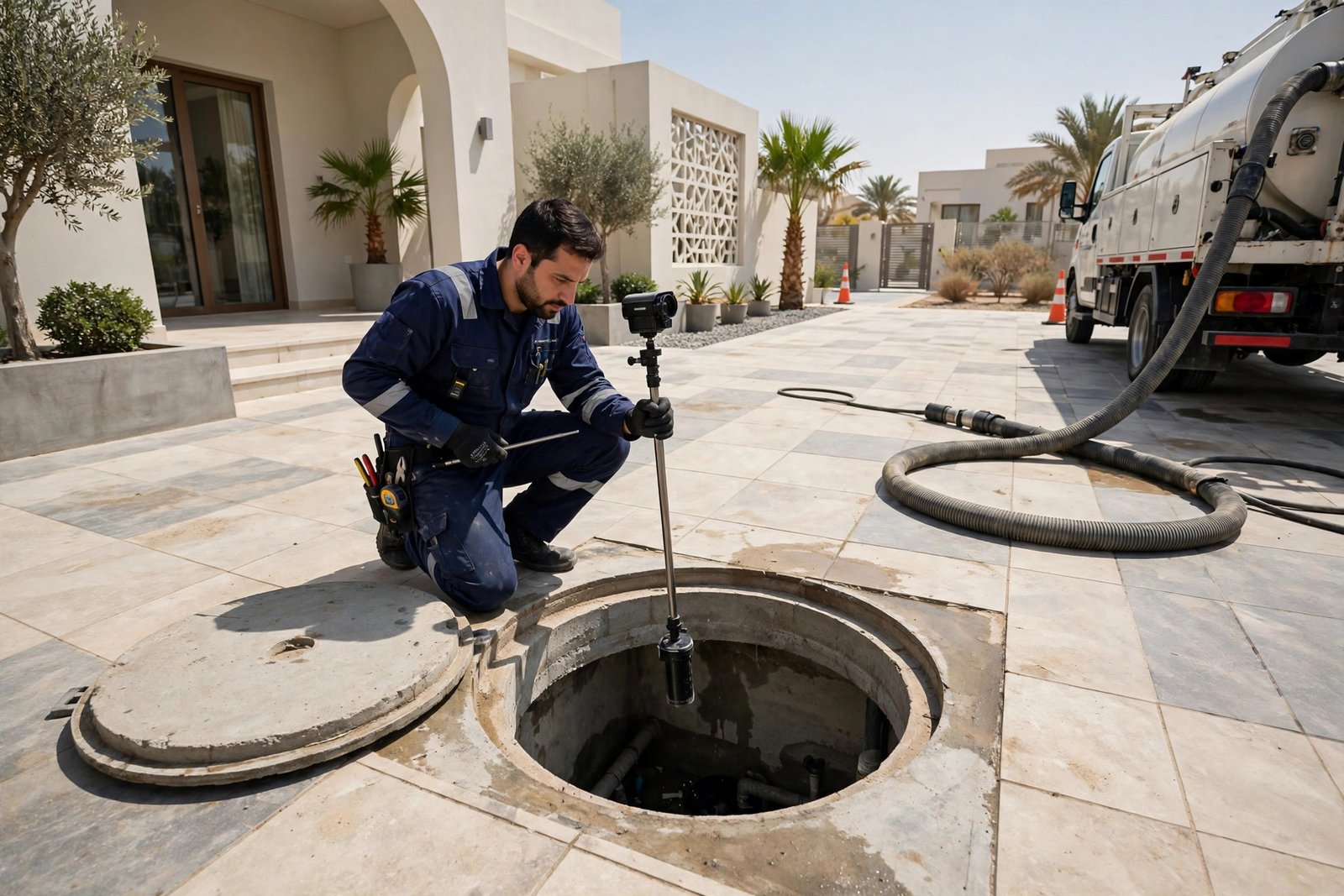 Septic tank maintenance facts: uniformed plumber inspecting an open septic tank at a Riyadh villa