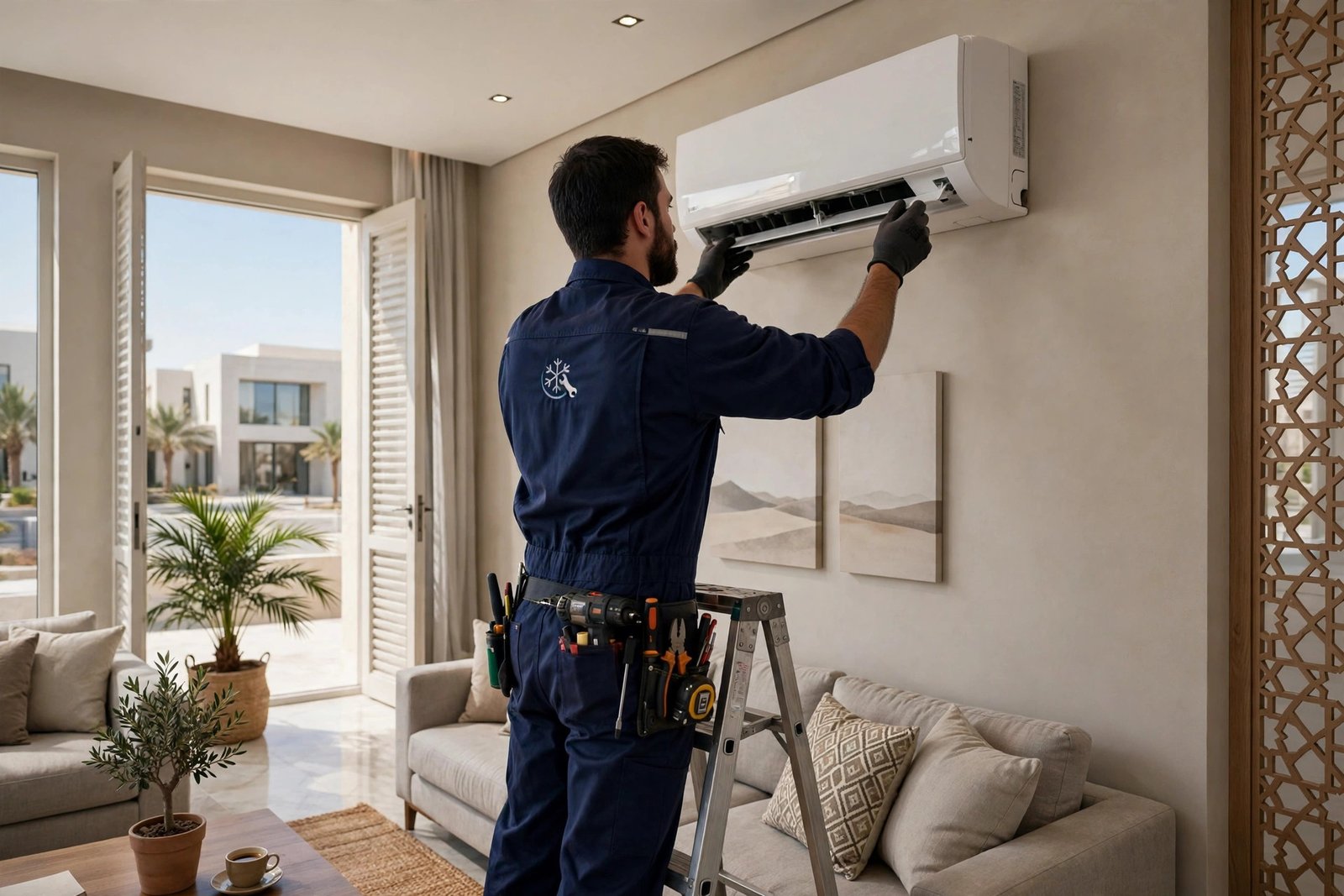 Technician wall mounting a split AC indoor unit in a Riyadh villa, split ac price riyadh tonnage buying guide