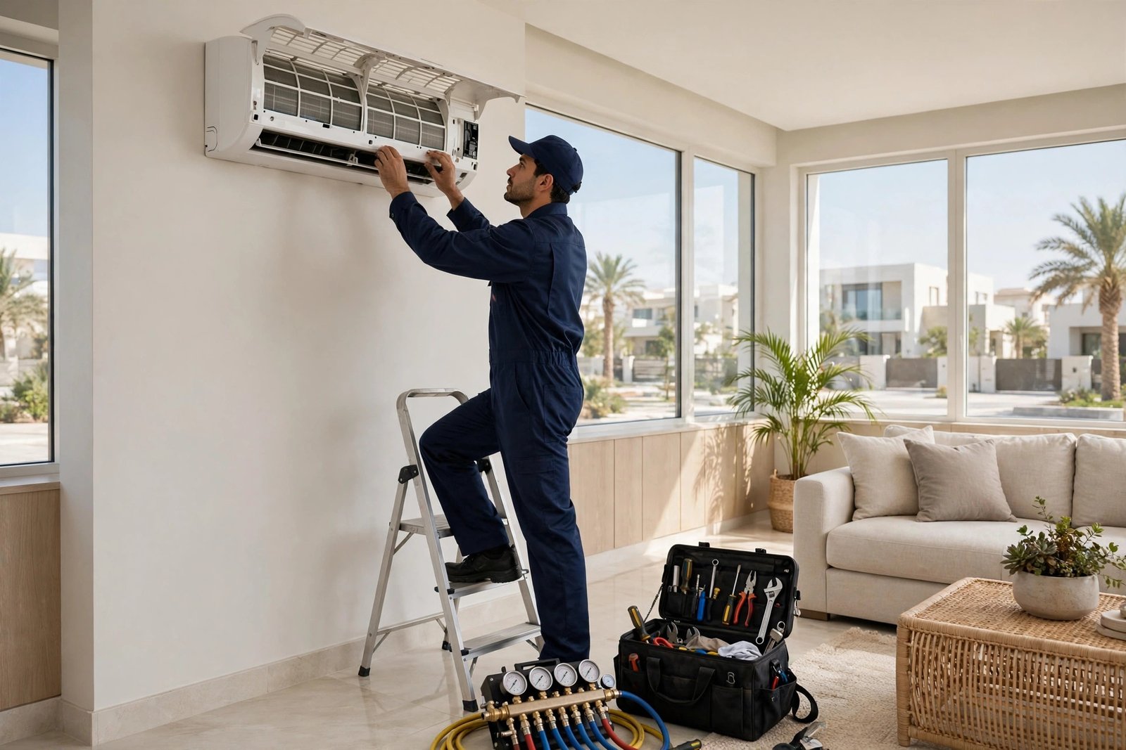 Technician performing Carrier AC repair Riyadh on a wall-mounted split AC indoor unit