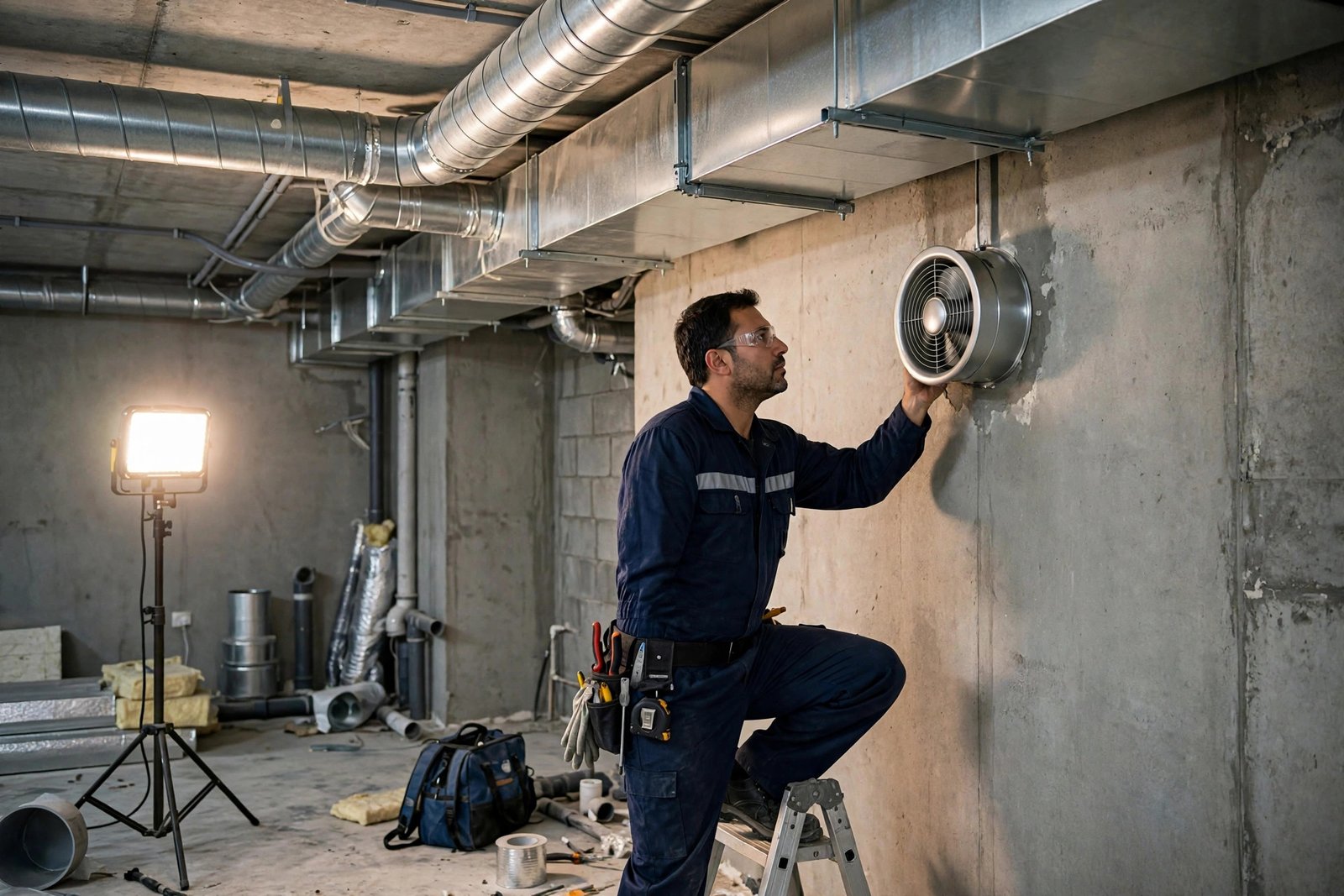 HVAC technician installing a wall exhaust fan for basement ventilation solutions in a Riyadh villa basement