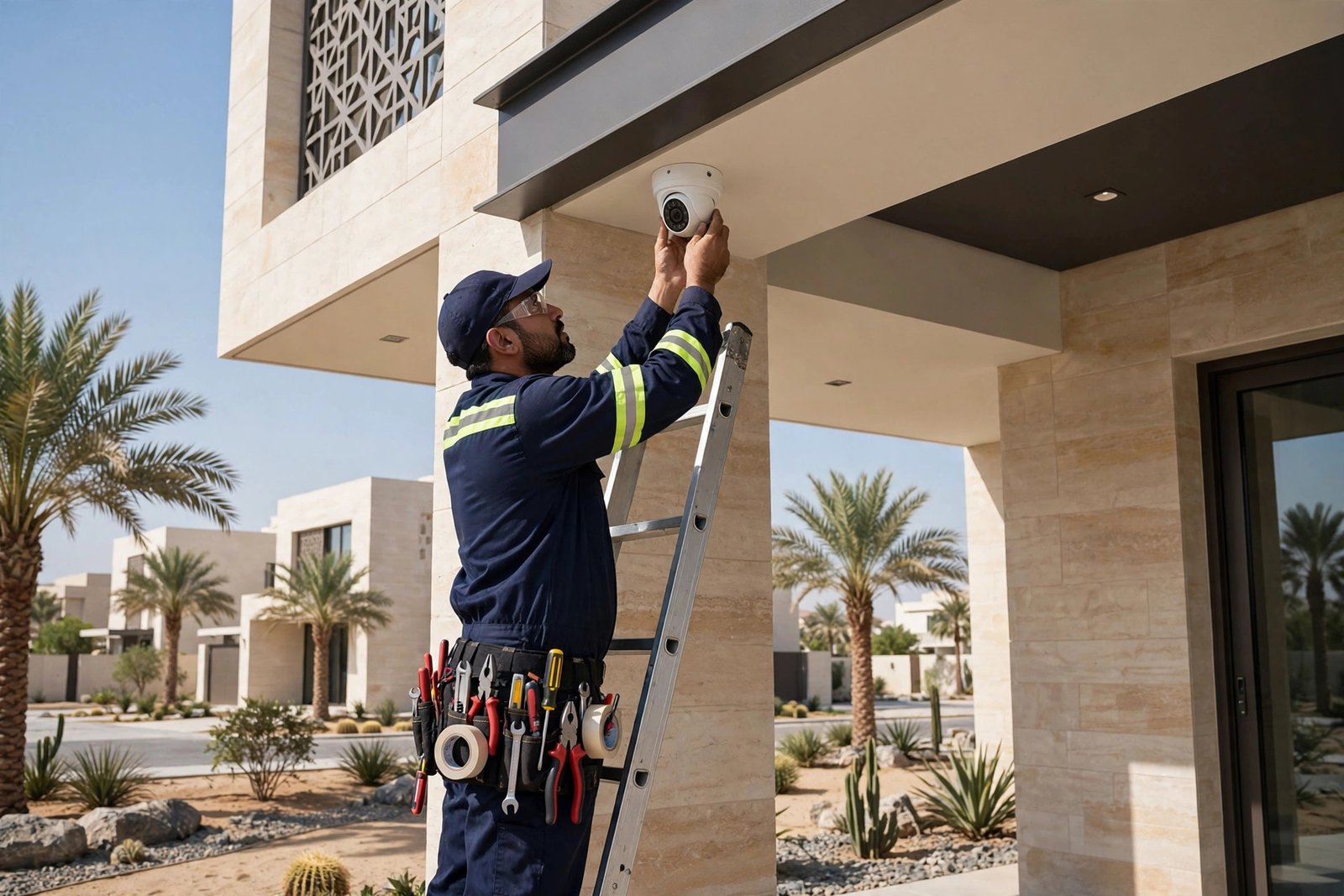 cctv installation cost riyadh: electrician installing CCTV dome camera under the eaves of a Saudi villa in Riyadh