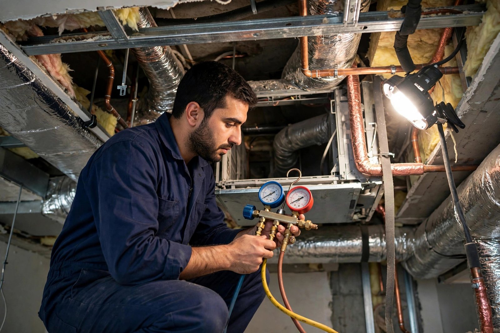 Certified technician checking a concealed ducted AC unit during a ducted ac service cost riyadh visit