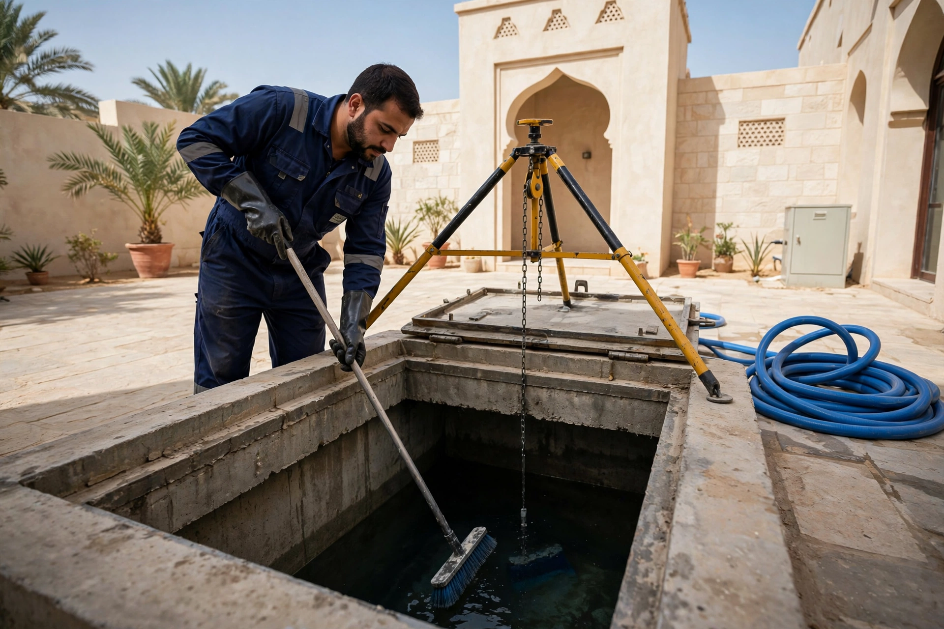 Plumber performing underground water tank maintenance at a Riyadh villa