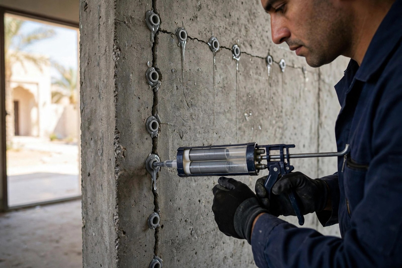 Technician performing concrete crack injection repair on a Riyadh villa wall