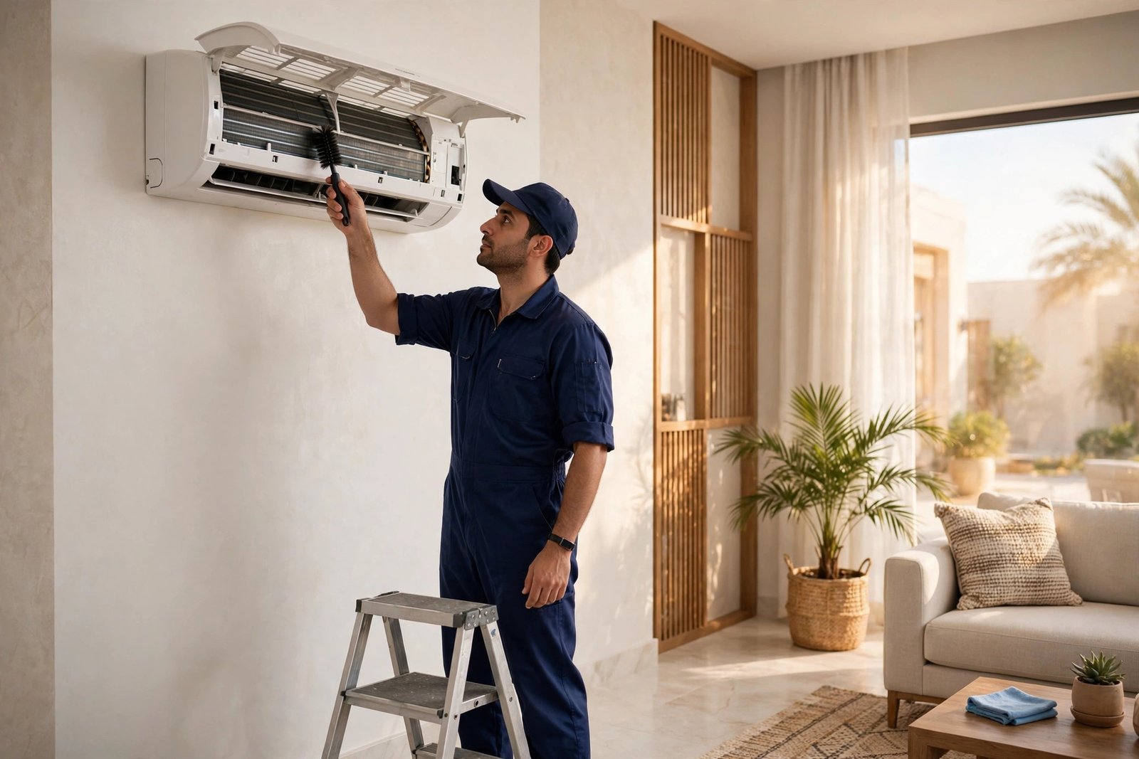 ramadan ac preparation tips: technician deep cleaning a split AC indoor unit in a Riyadh villa