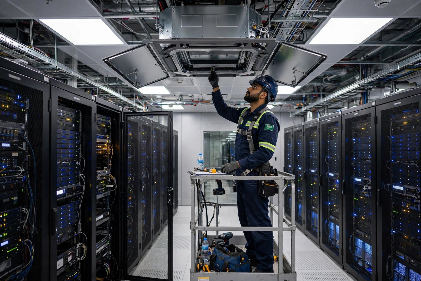 Server room AC installation Riyadh: uniformed HVAC technician fitting a precision cooling unit among server racks