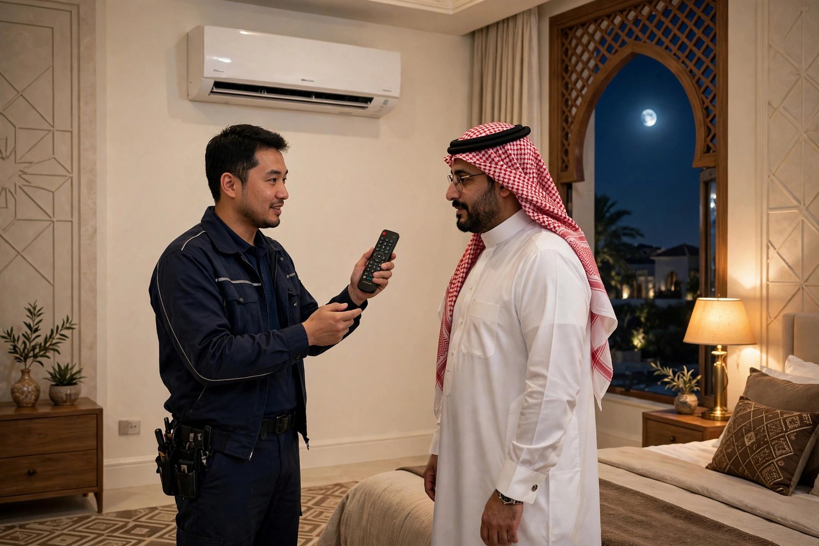 AC technician showing ac sleep mode timer tricks on a remote control in a Riyadh villa bedroom