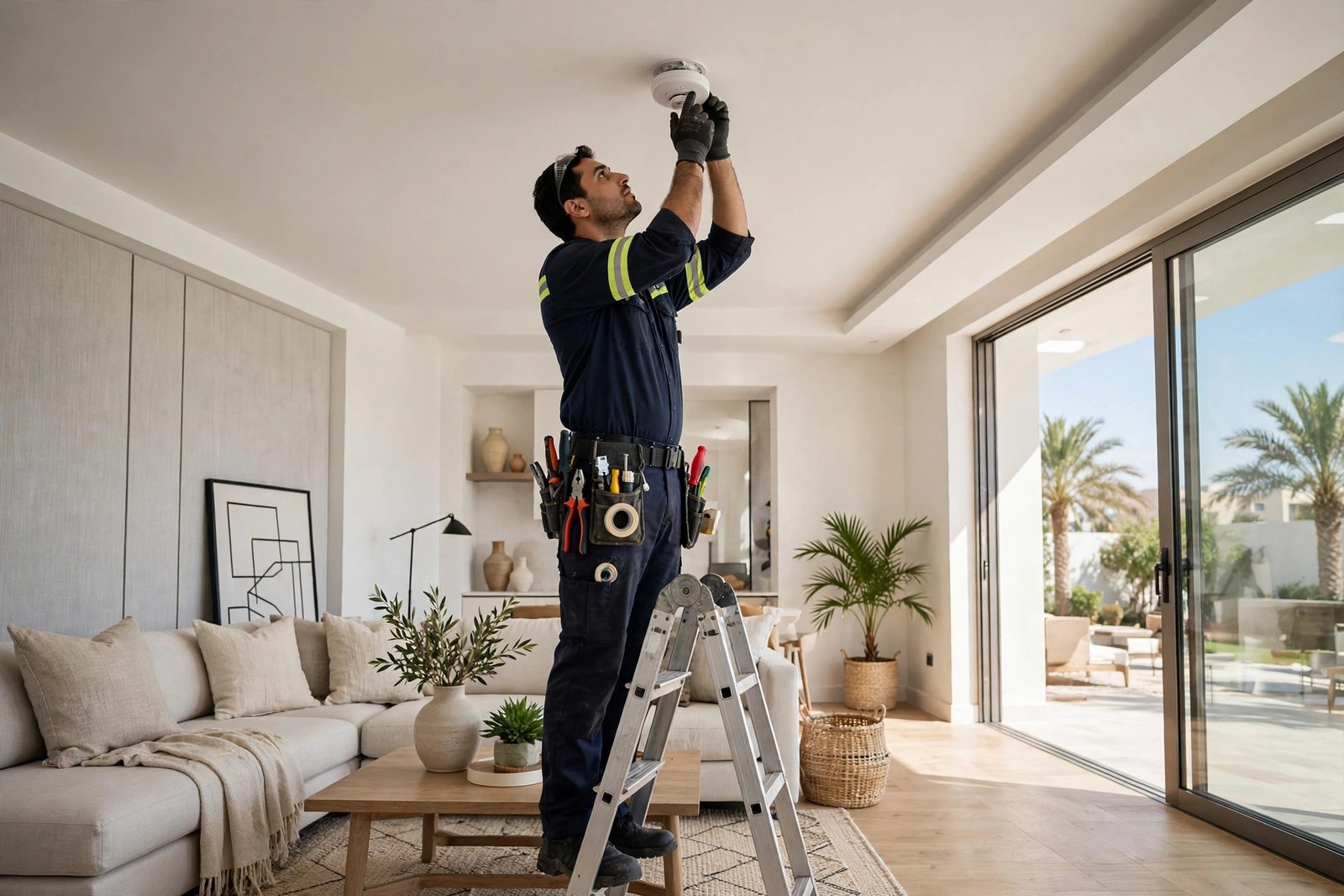 Electrician following smoke detector placement rules installing an alarm on a villa ceiling in Riyadh