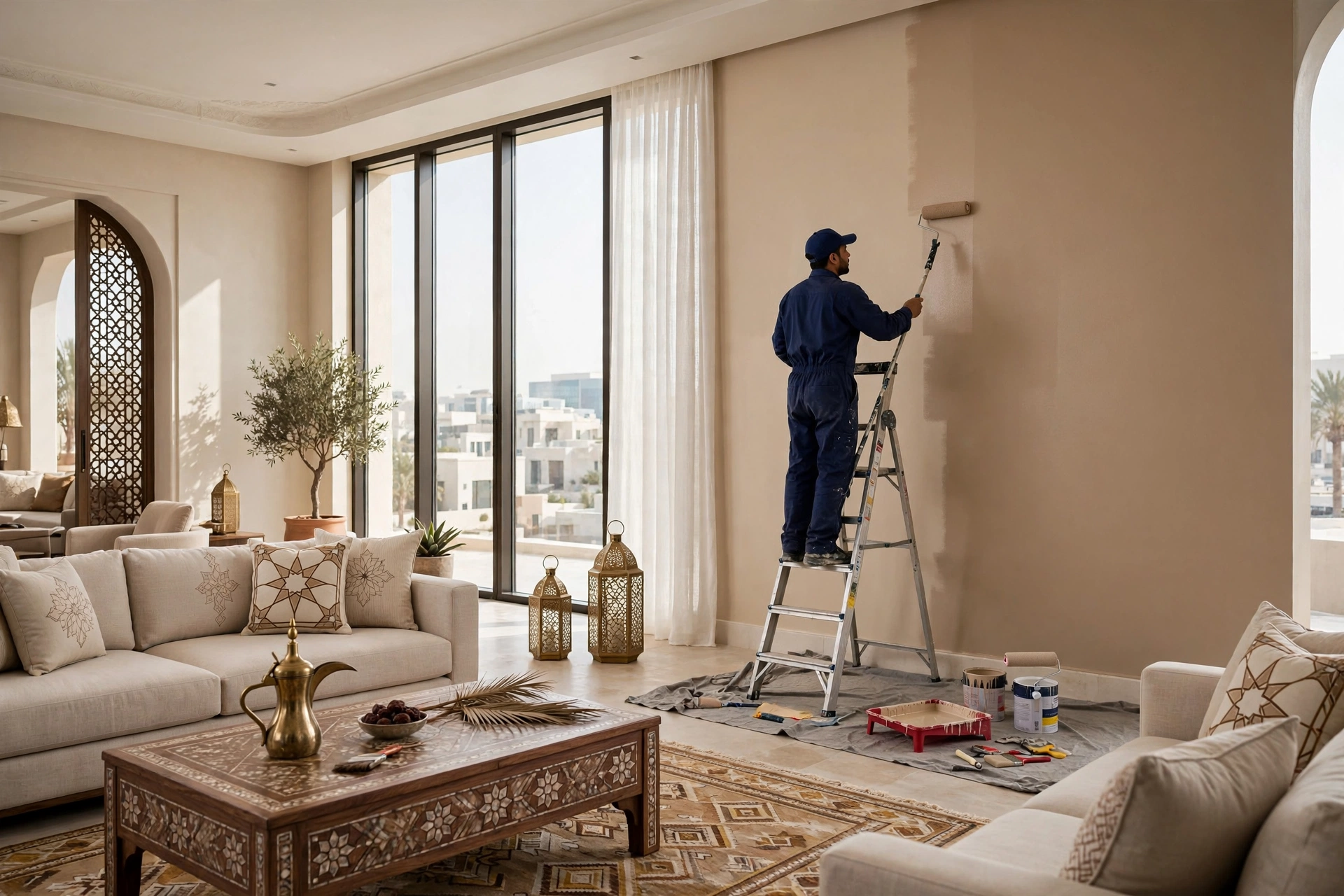 Best wall colors Riyadh 2026: warm beige villa living room painted by uniformed professional painter