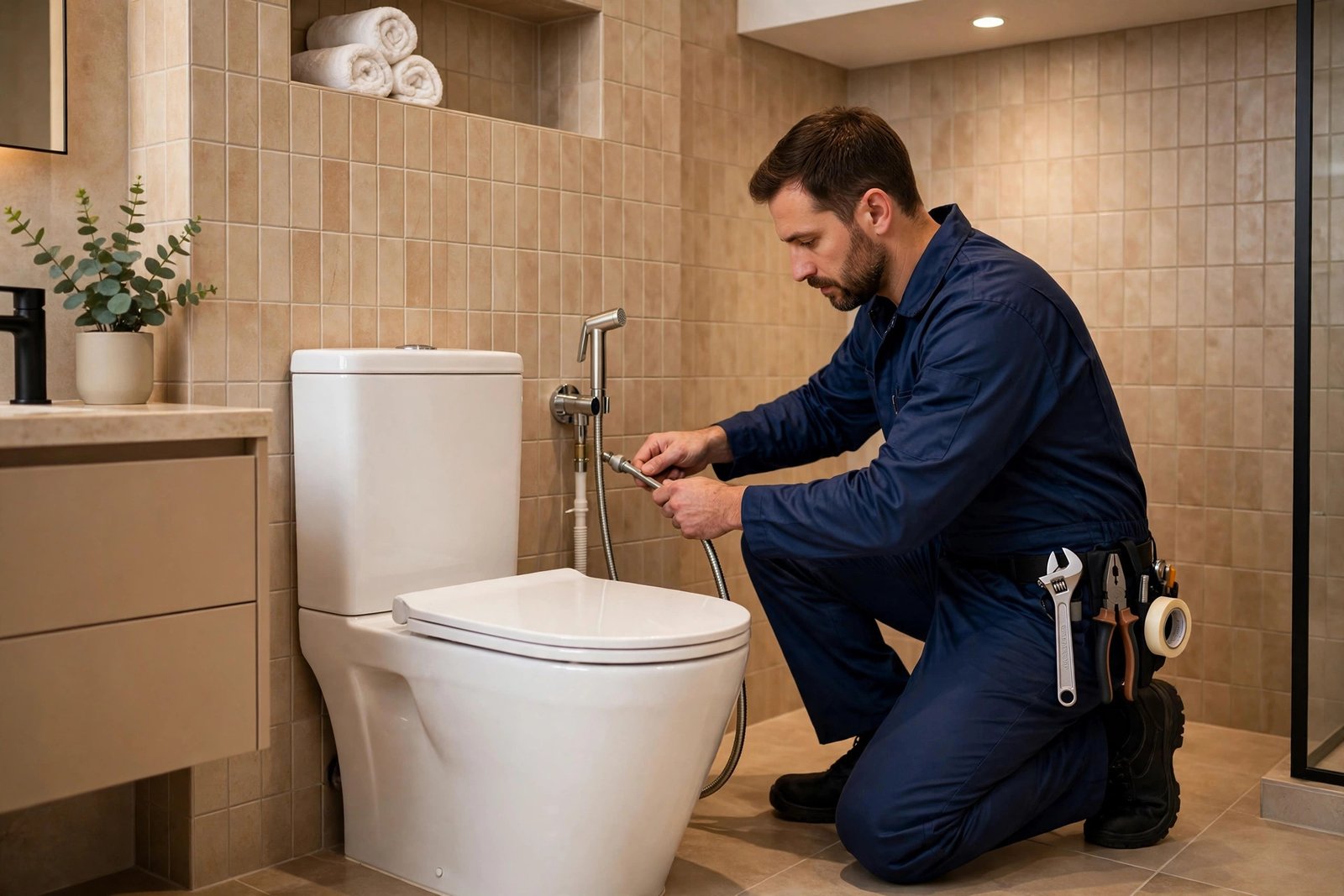 Plumber following shattaf installation tips Riyadh for a clean bidet sprayer fit
