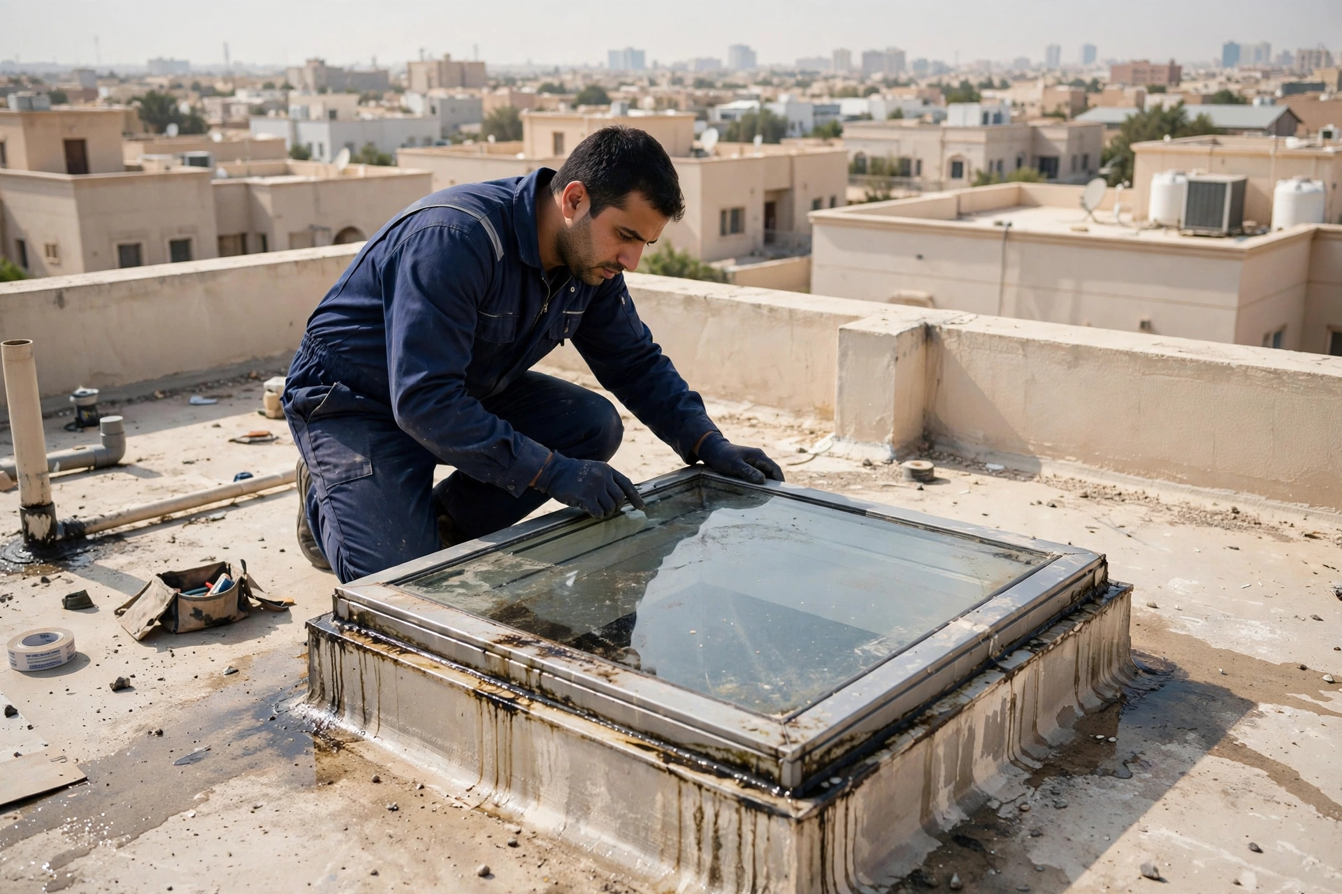 Waterproofing technician inspecting a skylight leaking rain fix issue on a Riyadh villa roof