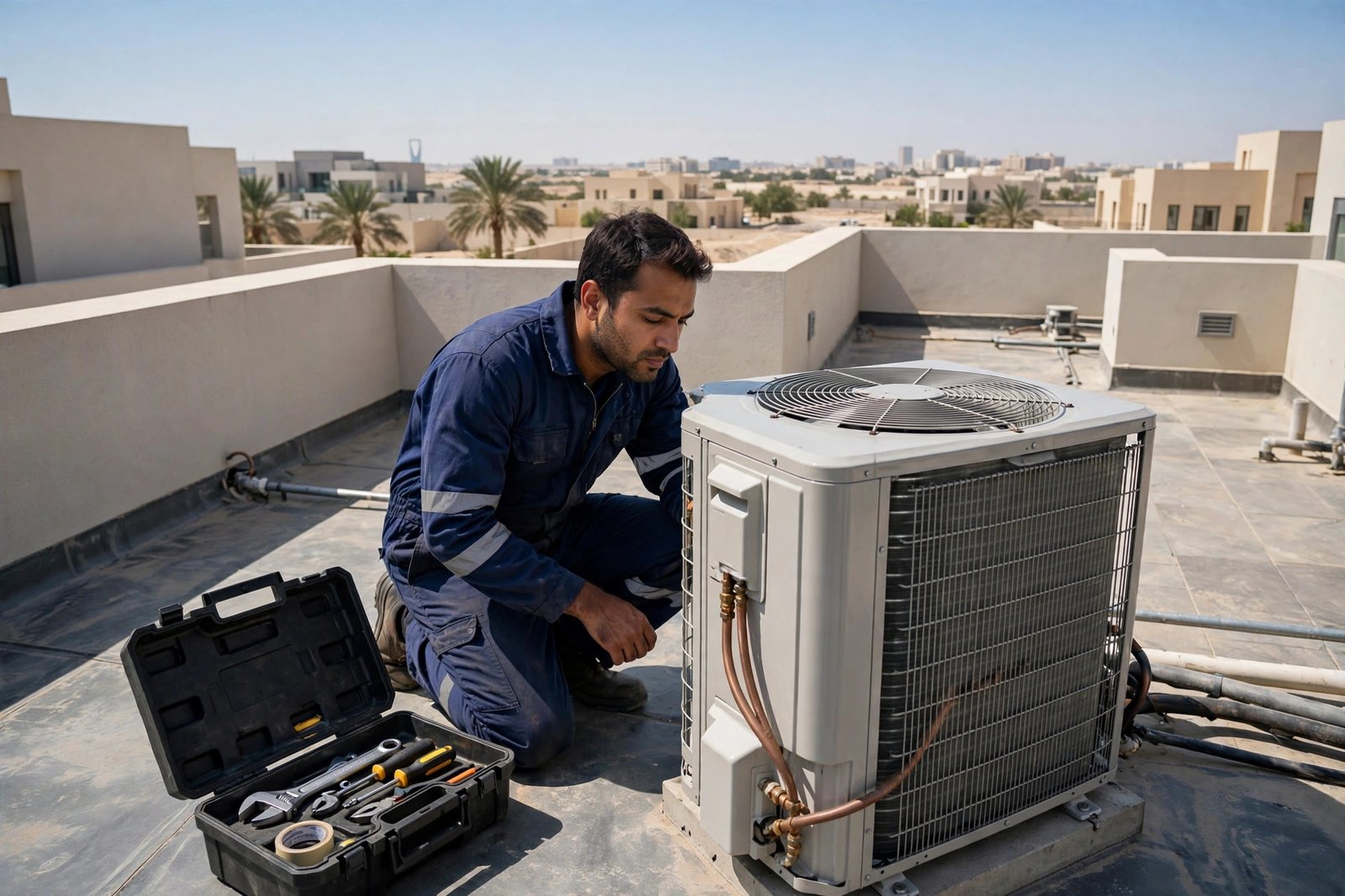 Technician checking split AC noisy parts on outdoor condenser unit in Riyadh