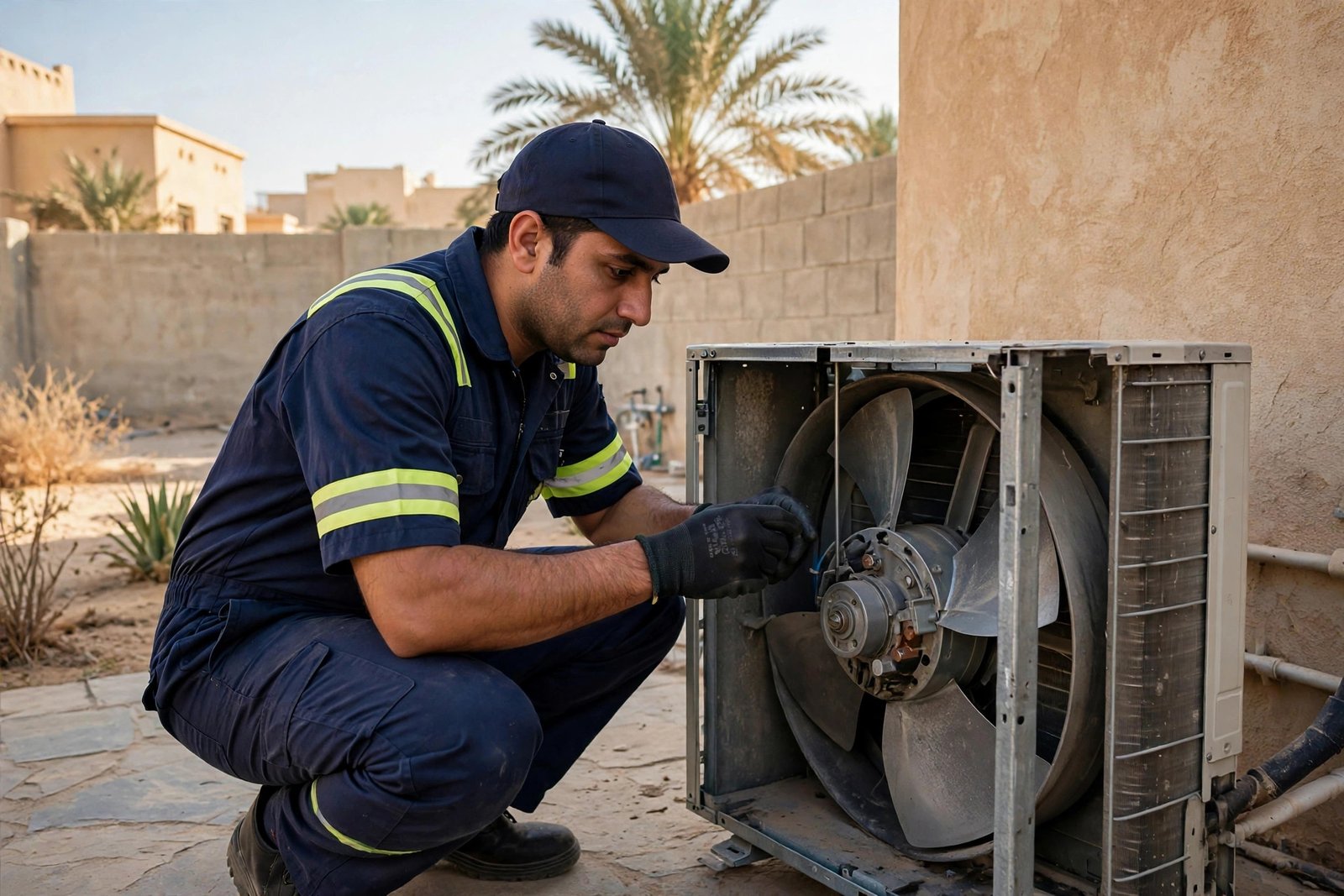 AC fan motor not working: uniformed technician inspecting the outdoor AC unit fan motor at a Saudi home
