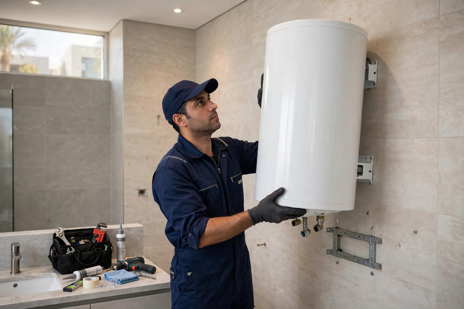 Certified plumber installing a storage water heater in a Riyadh villa, water heater installation cost riyadh guide