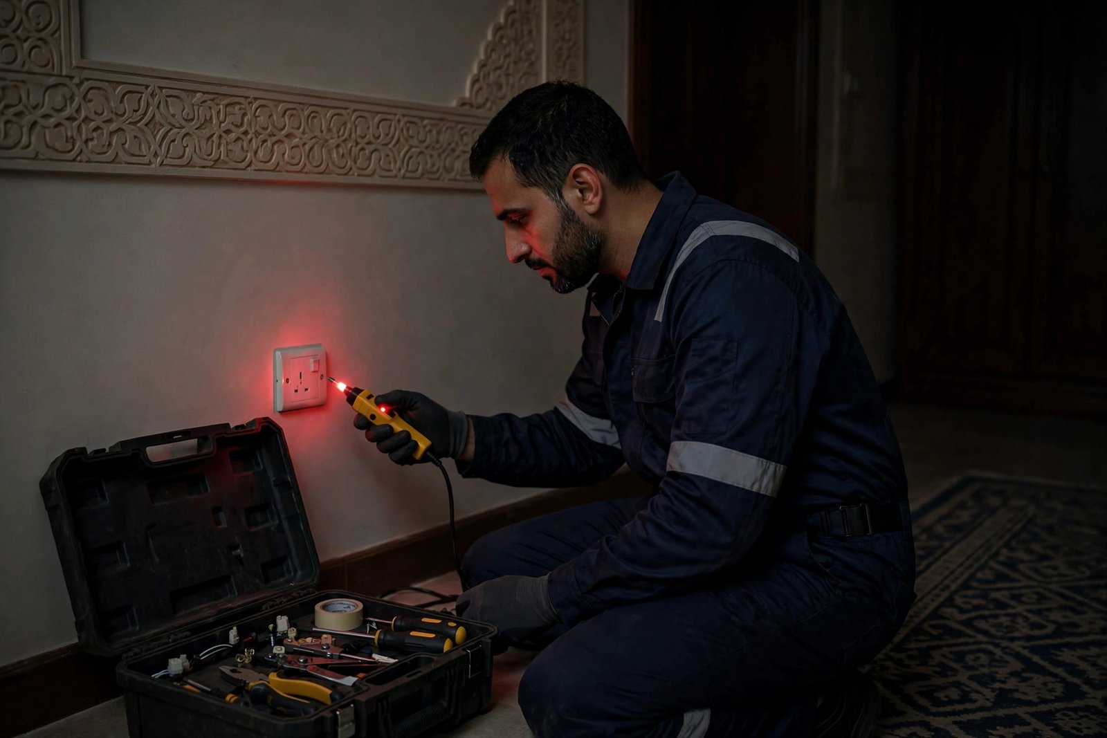 Electrician performing power outage one room checks on a dark wall outlet in a Riyadh home