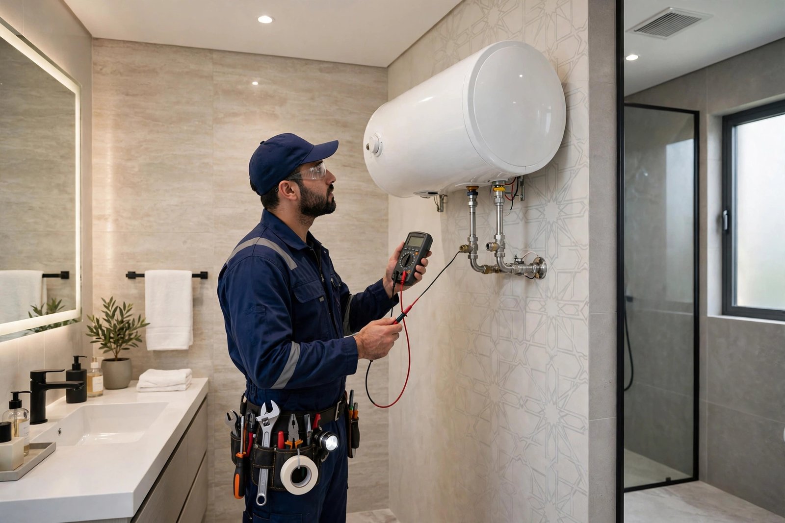 Plumber inspecting a sakhana water heater, one of the common sakhana not heating causes