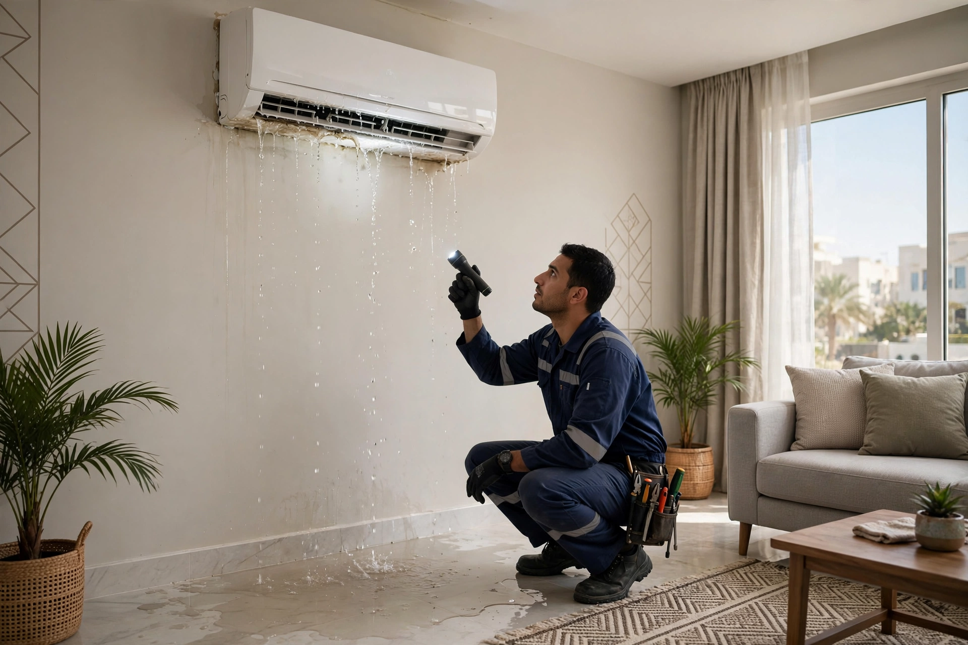Split AC leaking water inside a Riyadh living room while a technician inspects the indoor unit