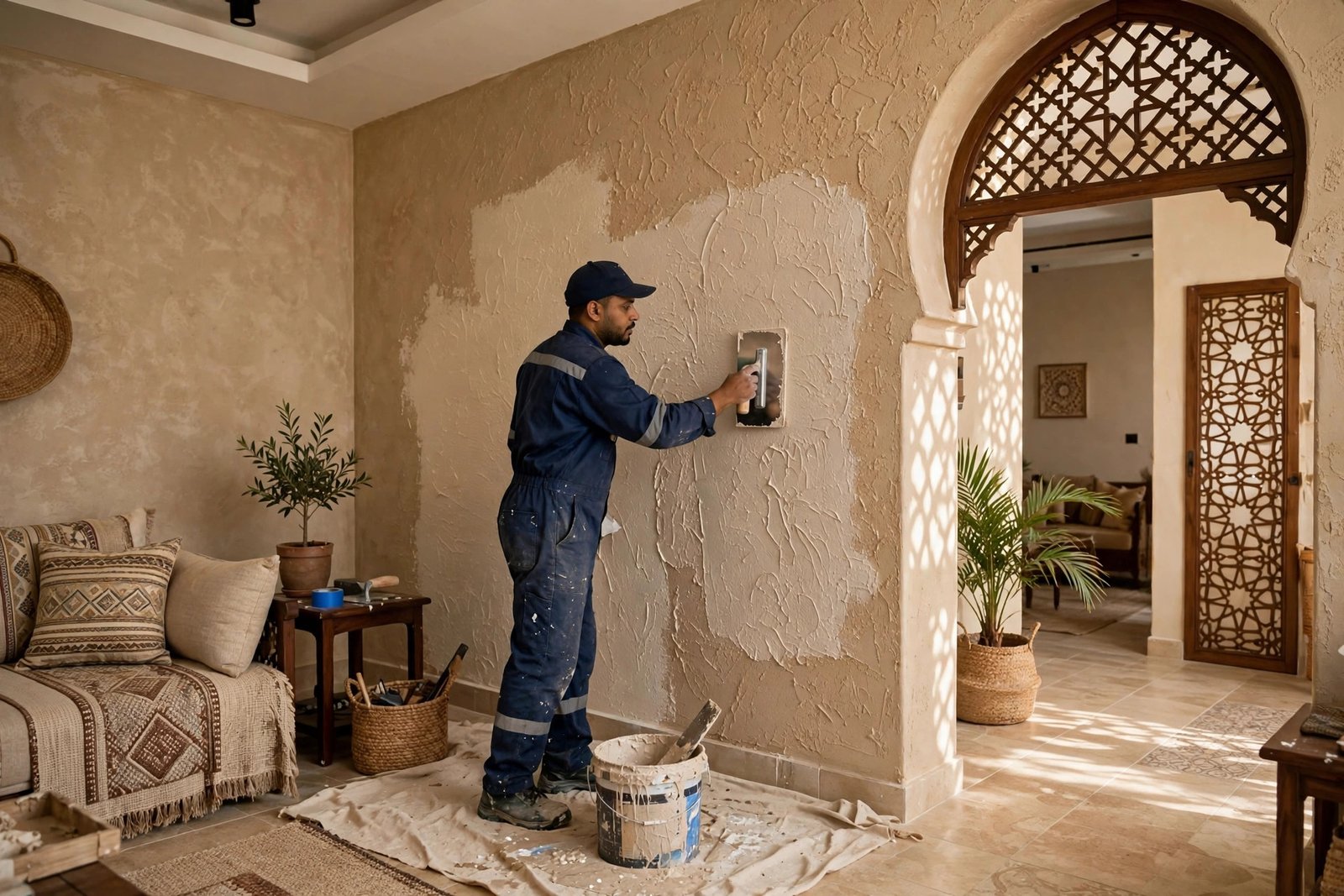 Painter applying textured wall paint styles to a living room wall in a Riyadh Saudi home