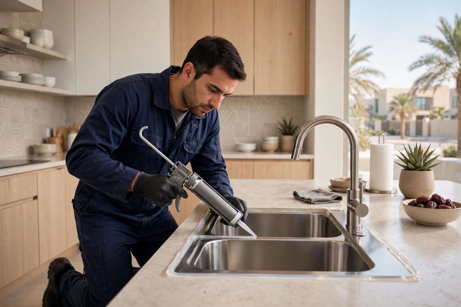 Technician sealing kitchen waterproofing zones around a kitchen sink in Riyadh
