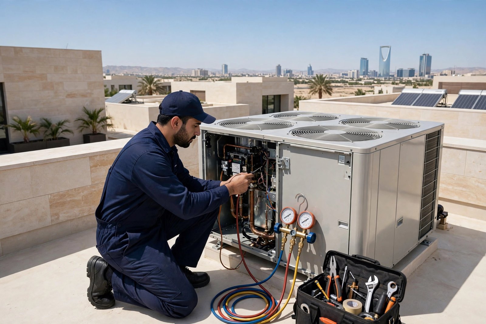VRV maintenance cost Riyadh: certified technician servicing a VRV outdoor unit on a villa rooftop