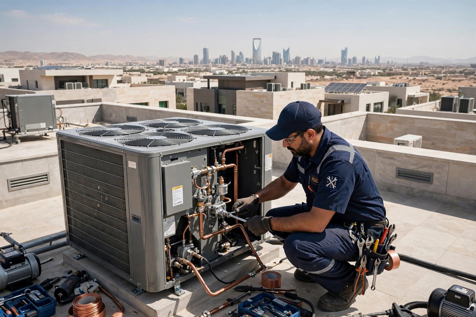 VRF system design villa basics: HVAC technician installing VRF outdoor unit on a Riyadh villa rooftop
