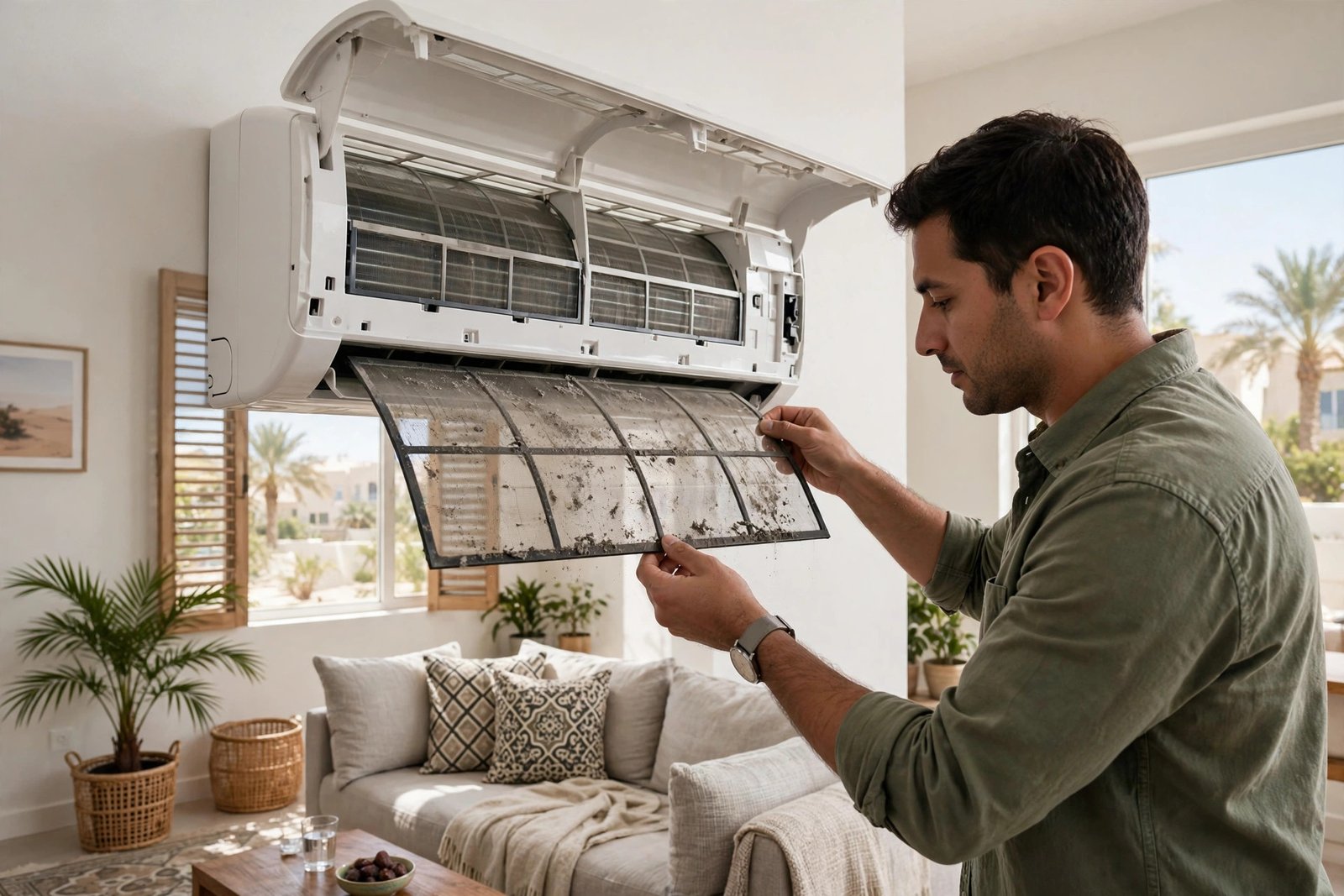 Homeowner removing a dusty filter to clean split AC filter home in Riyadh