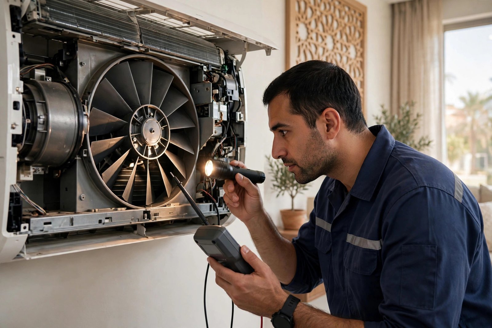 AC technician inspecting ac blower motor repair signs inside a split AC indoor unit in a Riyadh home