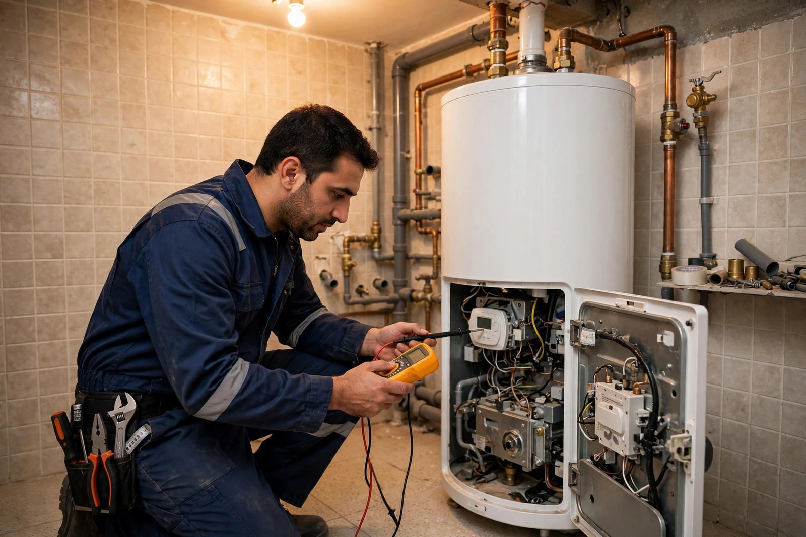 Plumber testing water heater thermostat failure signs with a multimeter in a Riyadh home