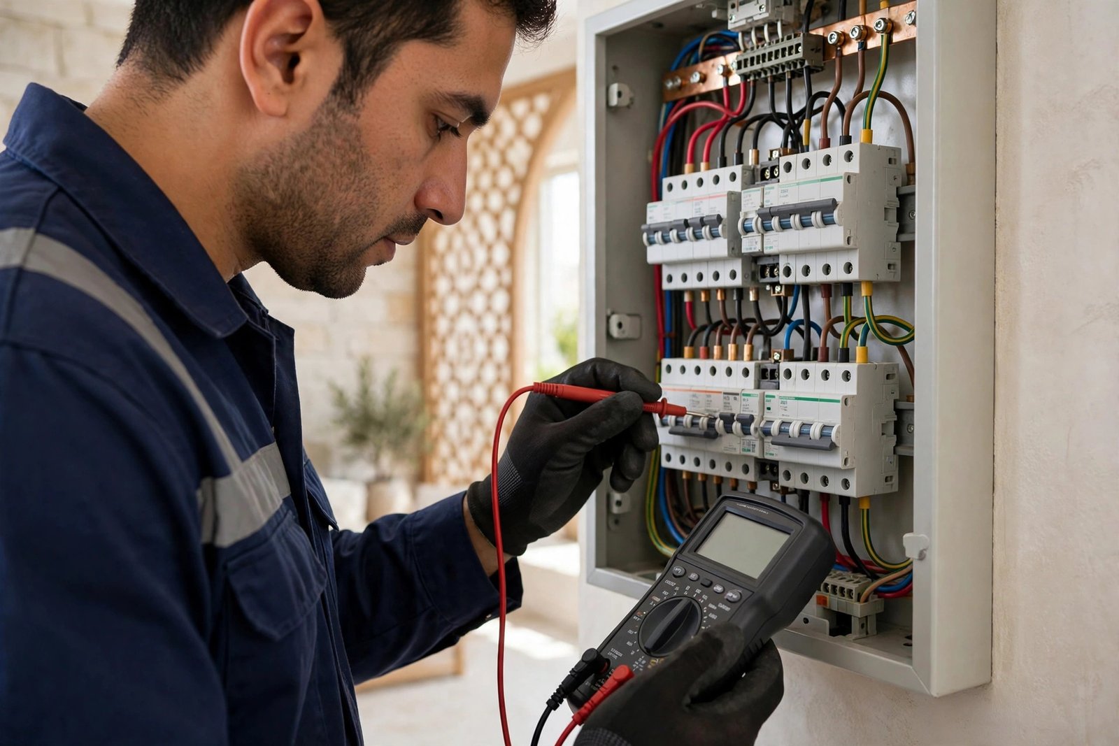 db panel upgrade signs: electrician testing circuit breakers in a Riyadh home