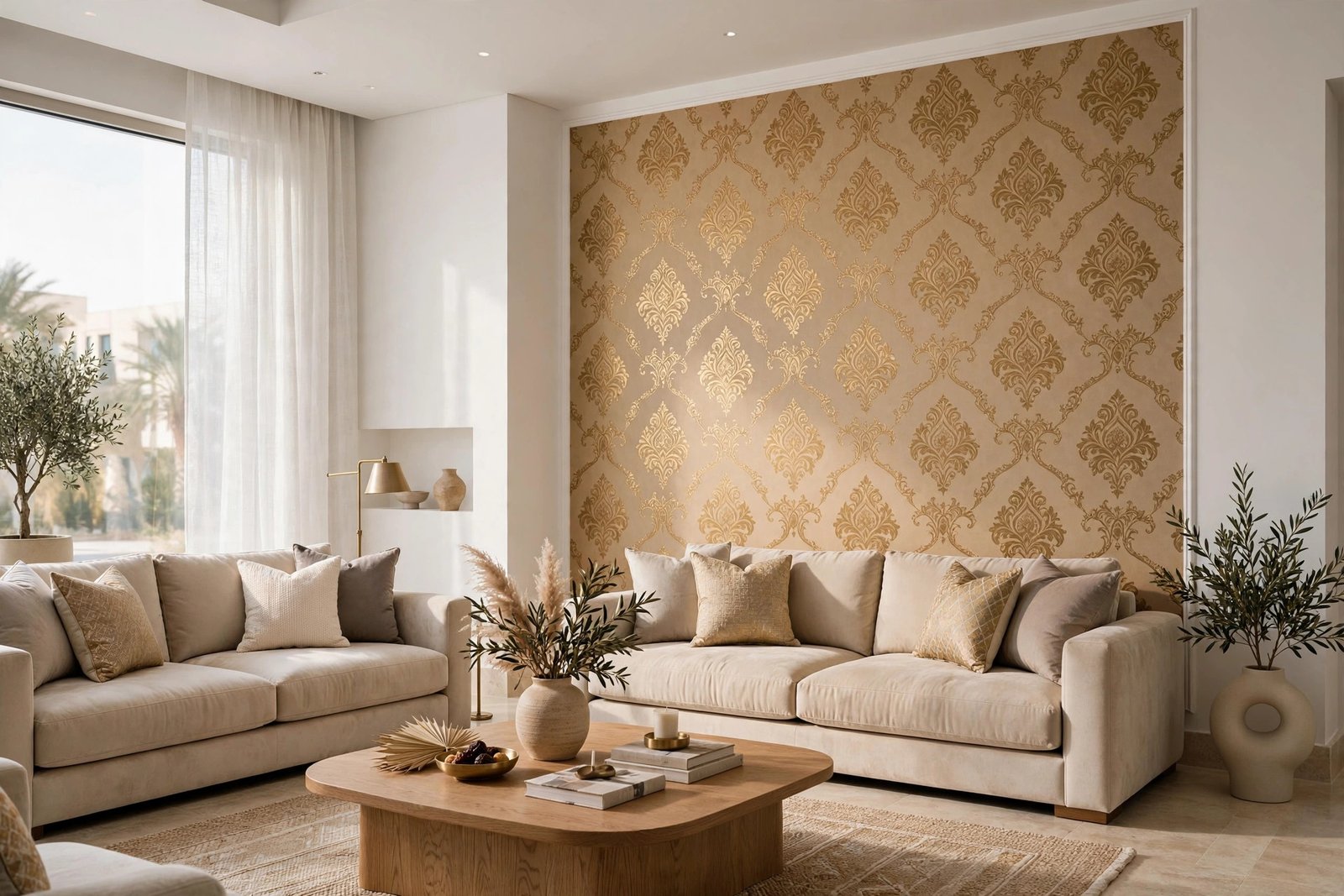 Wallpaper vs paint differences in a modern Riyadh villa living room with a wallpapered accent wall