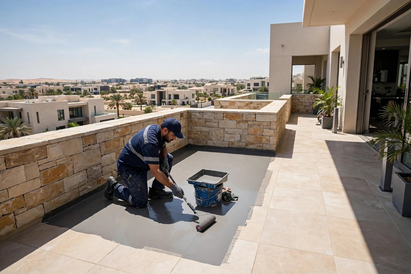 Technician applying waterproofing coating as part of the balcony waterproofing steps on a Riyadh villa balcony