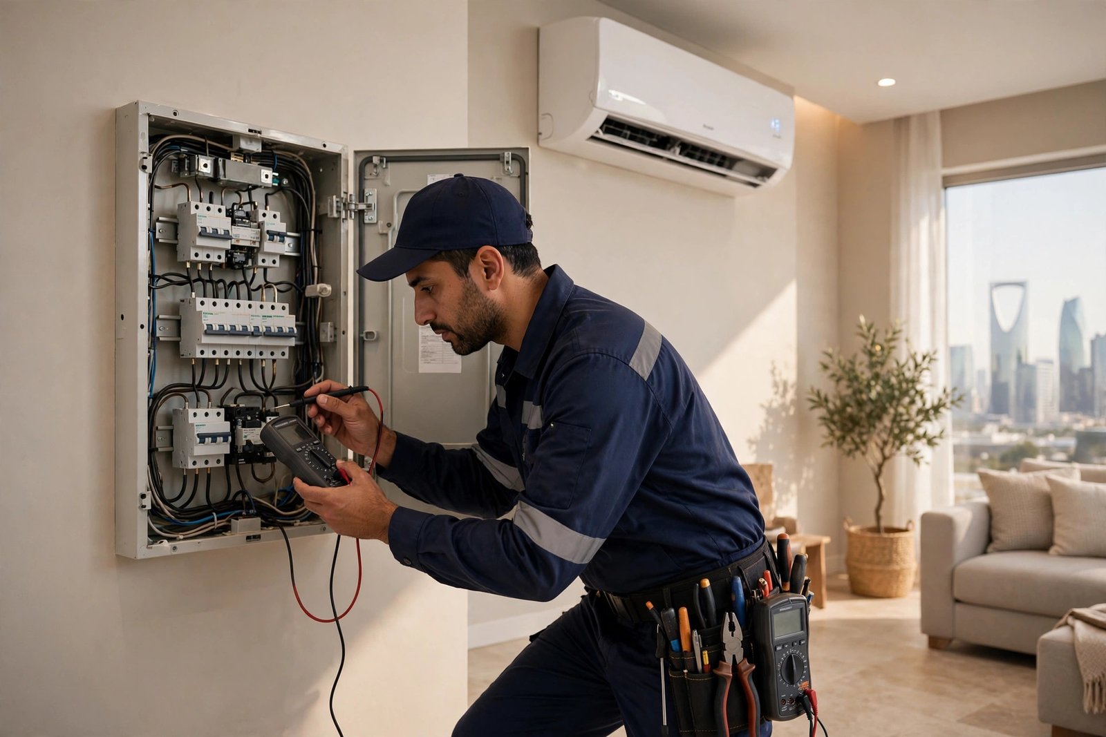 Electrician inspecting distribution panel when lights flicker AC turns on in a Riyadh home