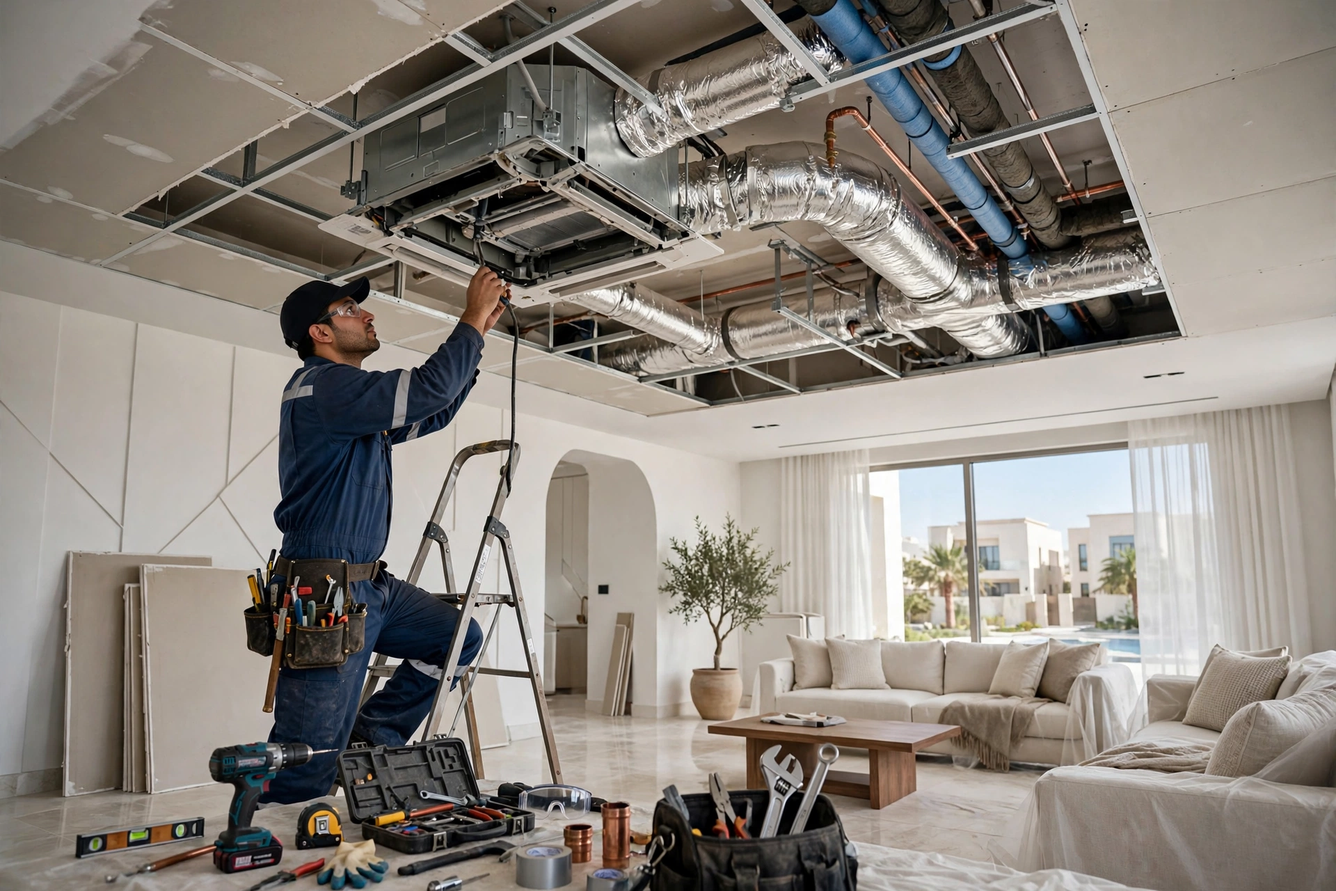 concealed ducted ac buyers guide: HVAC technician installing a concealed ducted AC indoor unit above a villa ceiling in Riyadh