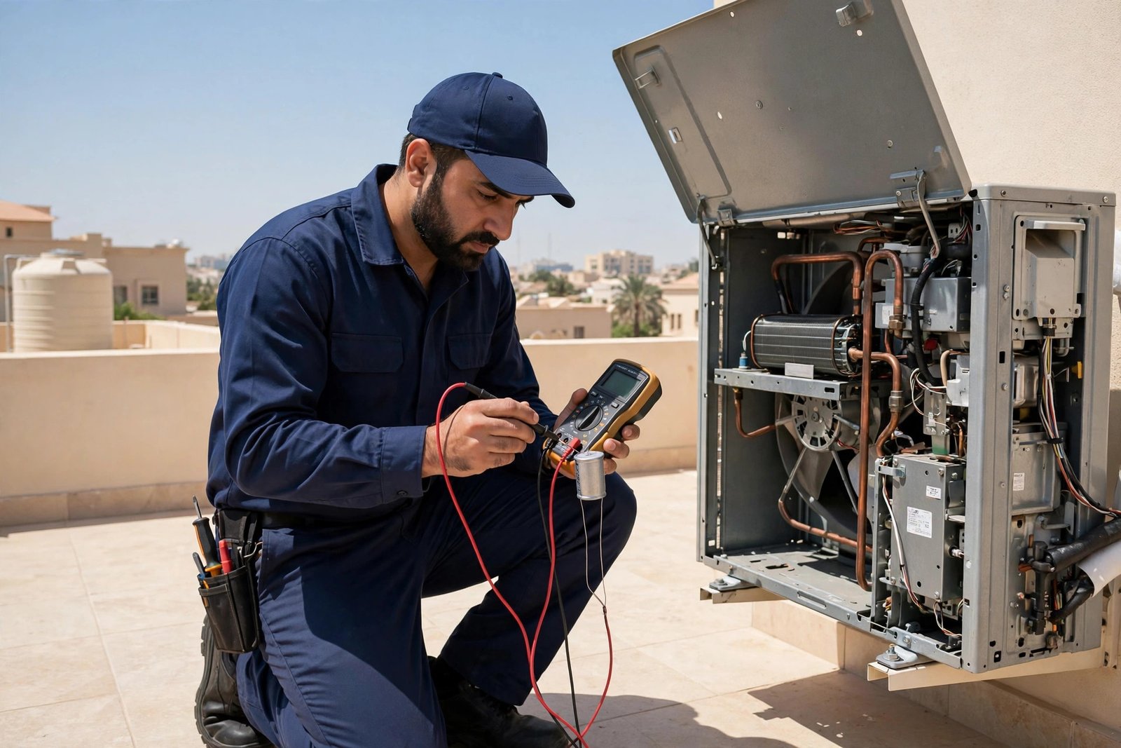 Technician checking ac capacitor replacement cost riyadh diagnosis on a split AC outdoor unit