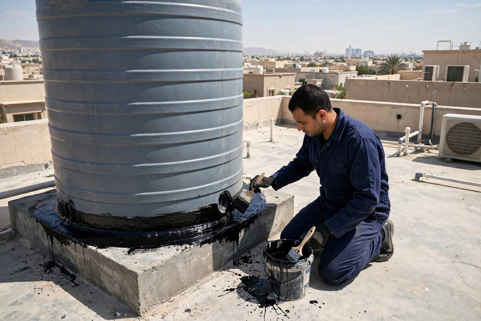 Technician brushing black waterproofing membrane around a water tank base on a Riyadh villa rooftop