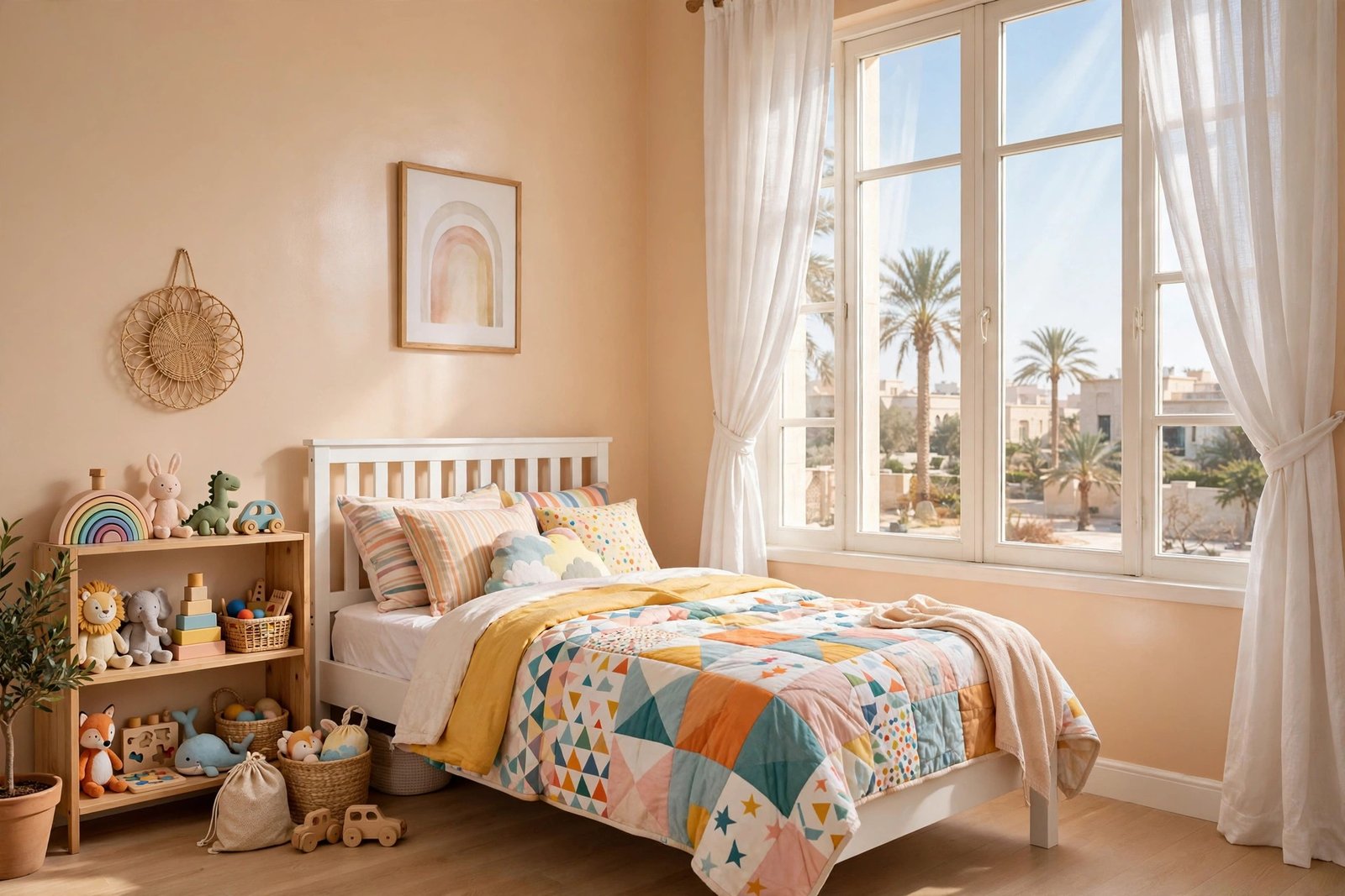 Freshly painted kids bedroom in Riyadh with washable satin paint walls, one of the top kids room washable paint picks
