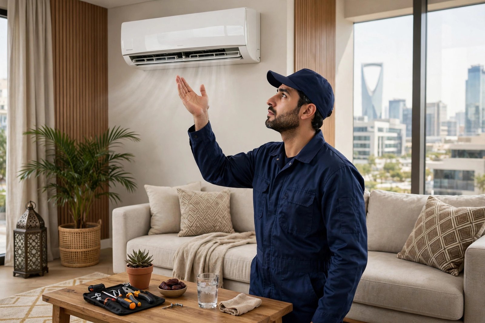 Split AC weak airflow causes: technician checking weak air blowing from a wall-mounted split AC indoor unit in a Saudi living room