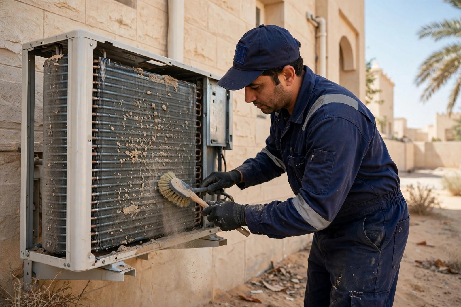 AC technician applying ac condenser coil cleaning tips on a dusty outdoor condenser unit in Riyadh