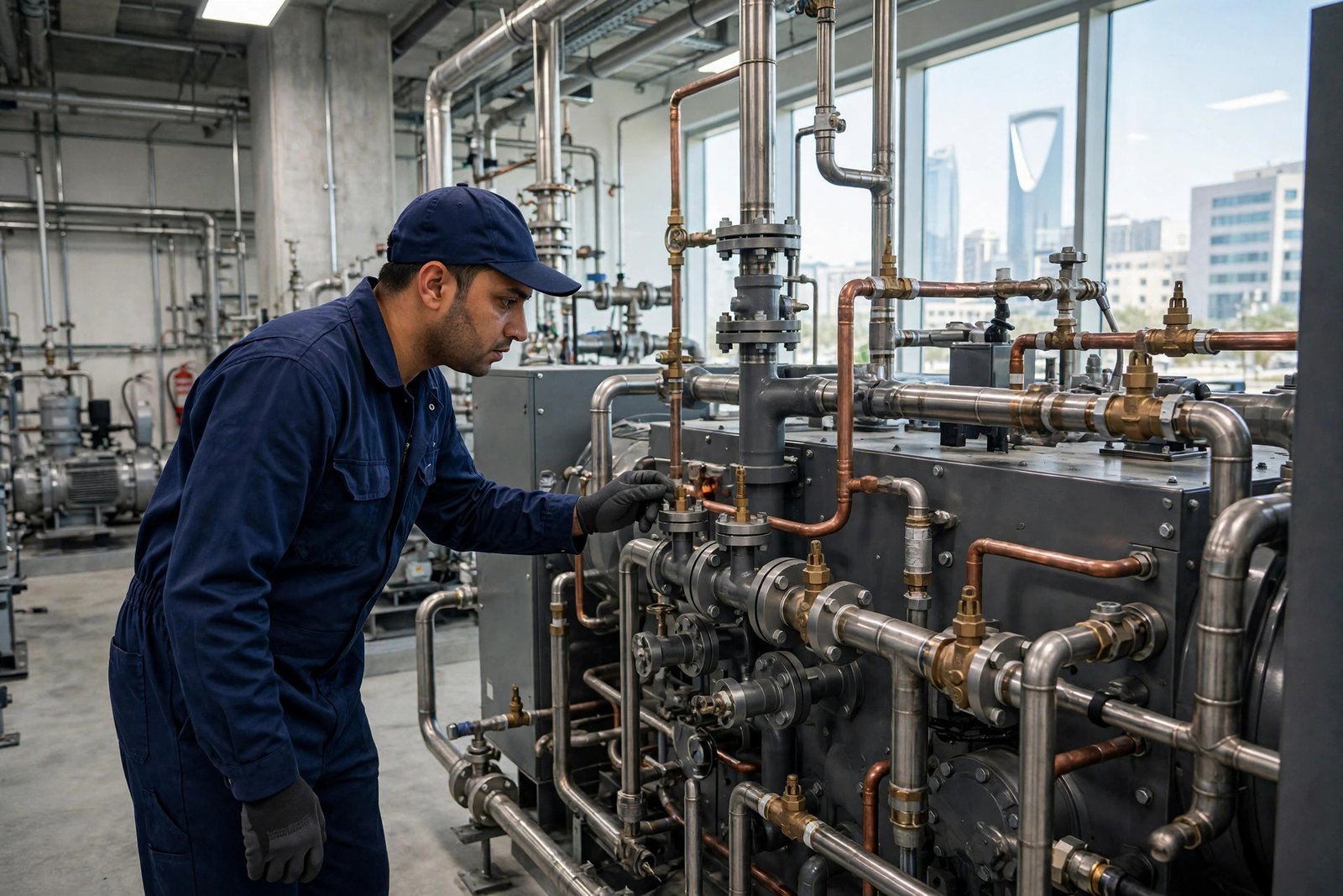 HVAC technician performing a chiller maintenance checklist inspection on a commercial chiller plant in Riyadh