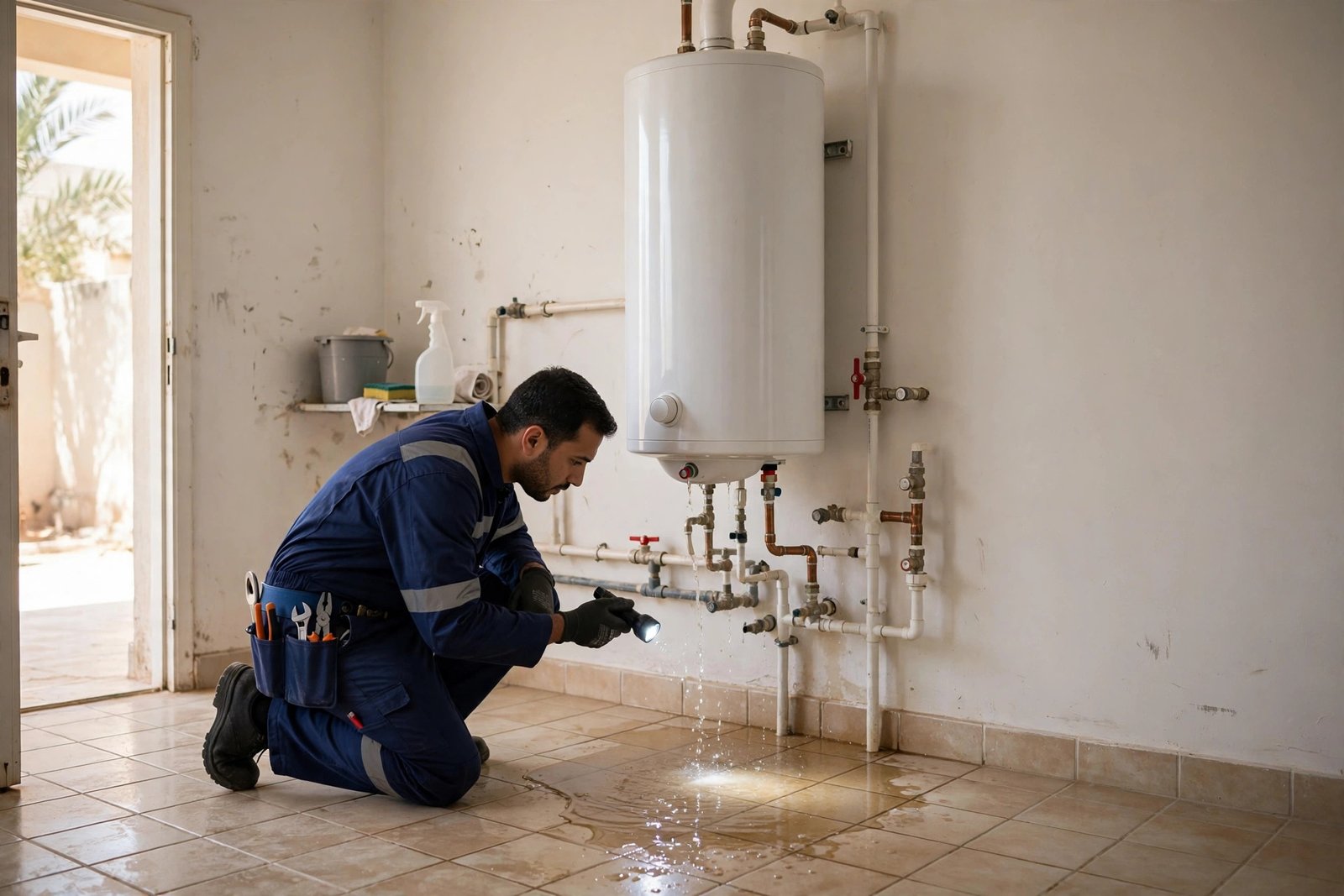Plumber inspecting water heater leaking causes in a Saudi villa utility room