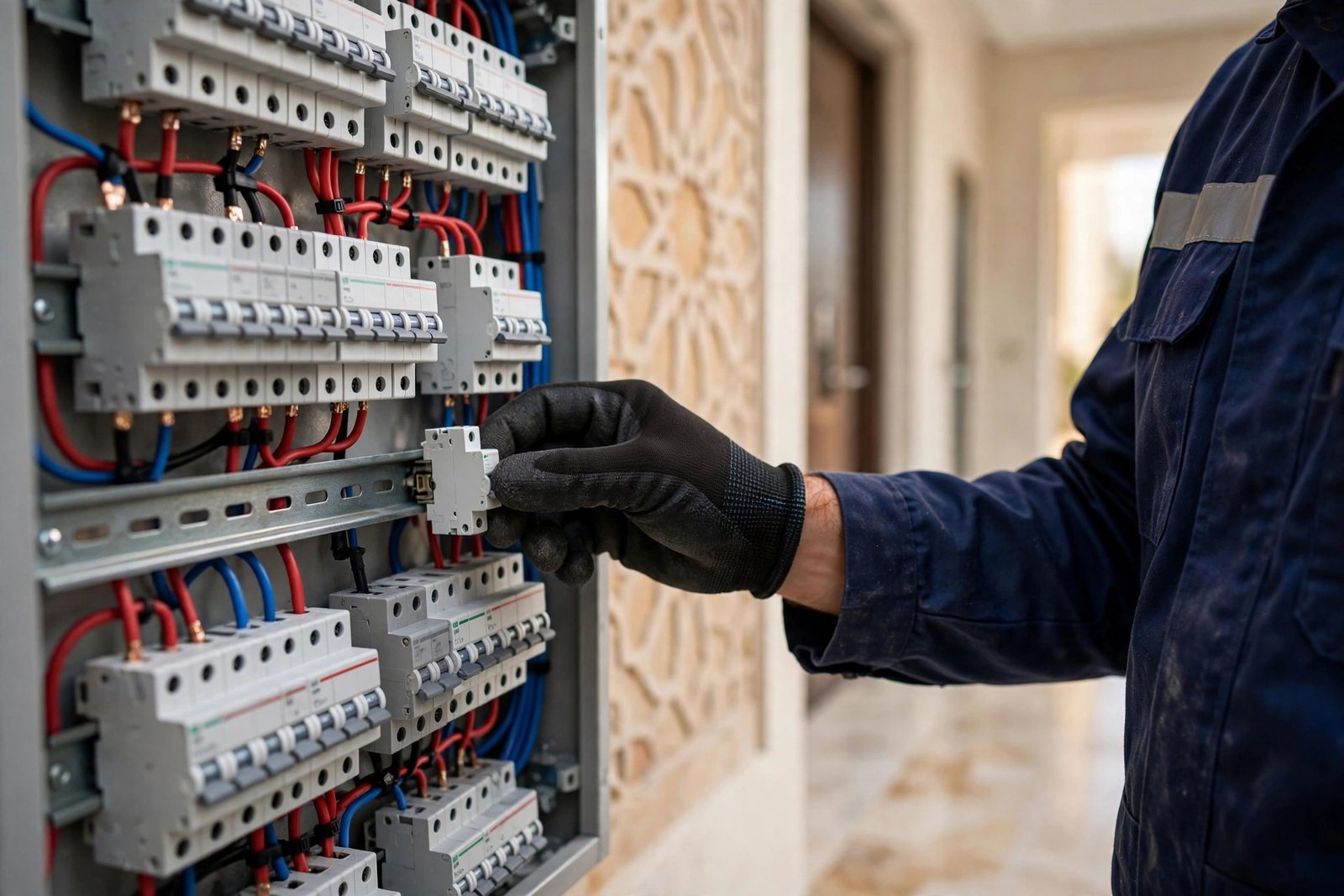 Electrician installing a miniature circuit breaker, showing mcb vs mccb differences on a Riyadh home distribution board