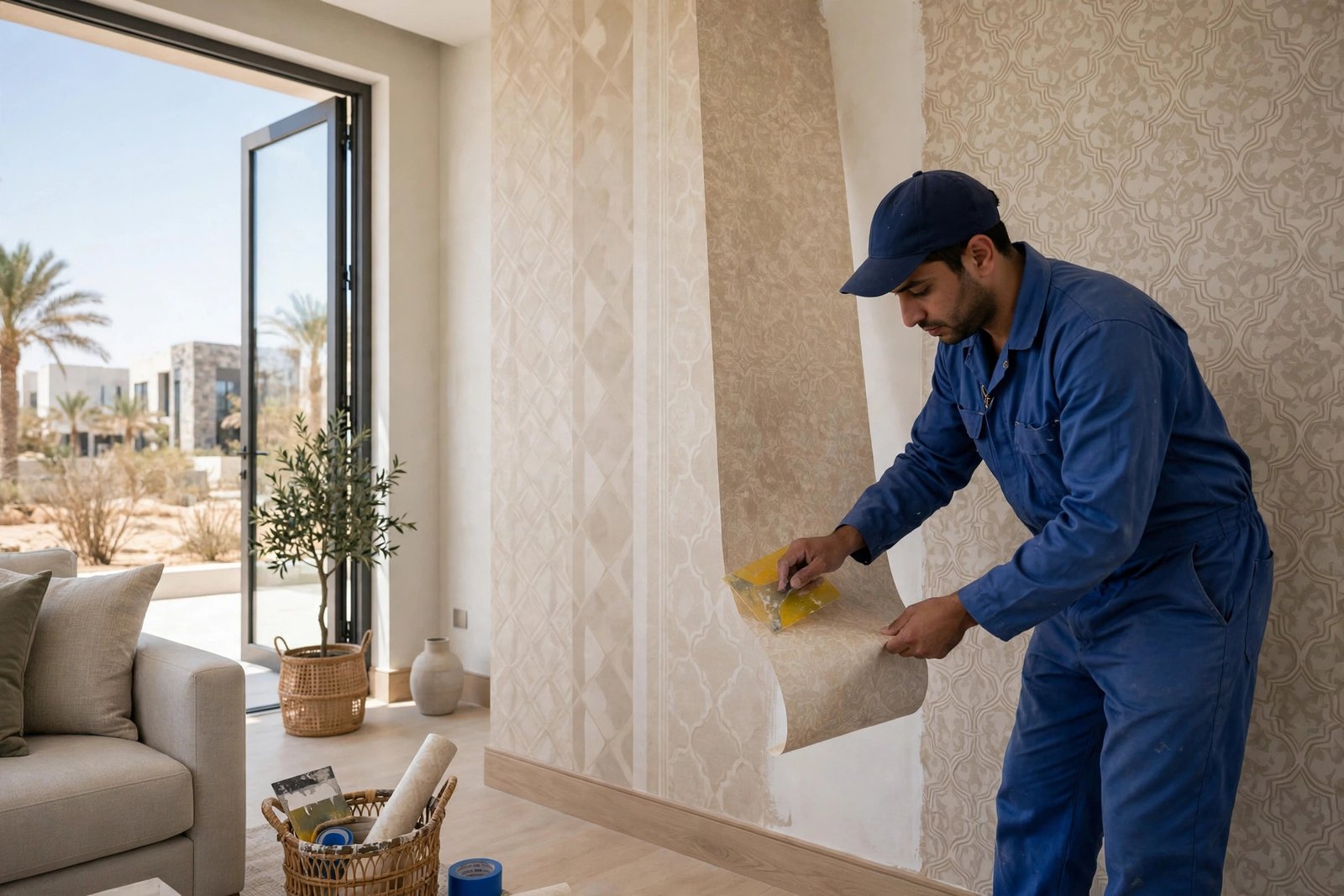 Professional painter installing patterned wallpaper on a villa living room wall in Riyadh, smoothing the strip with a tool