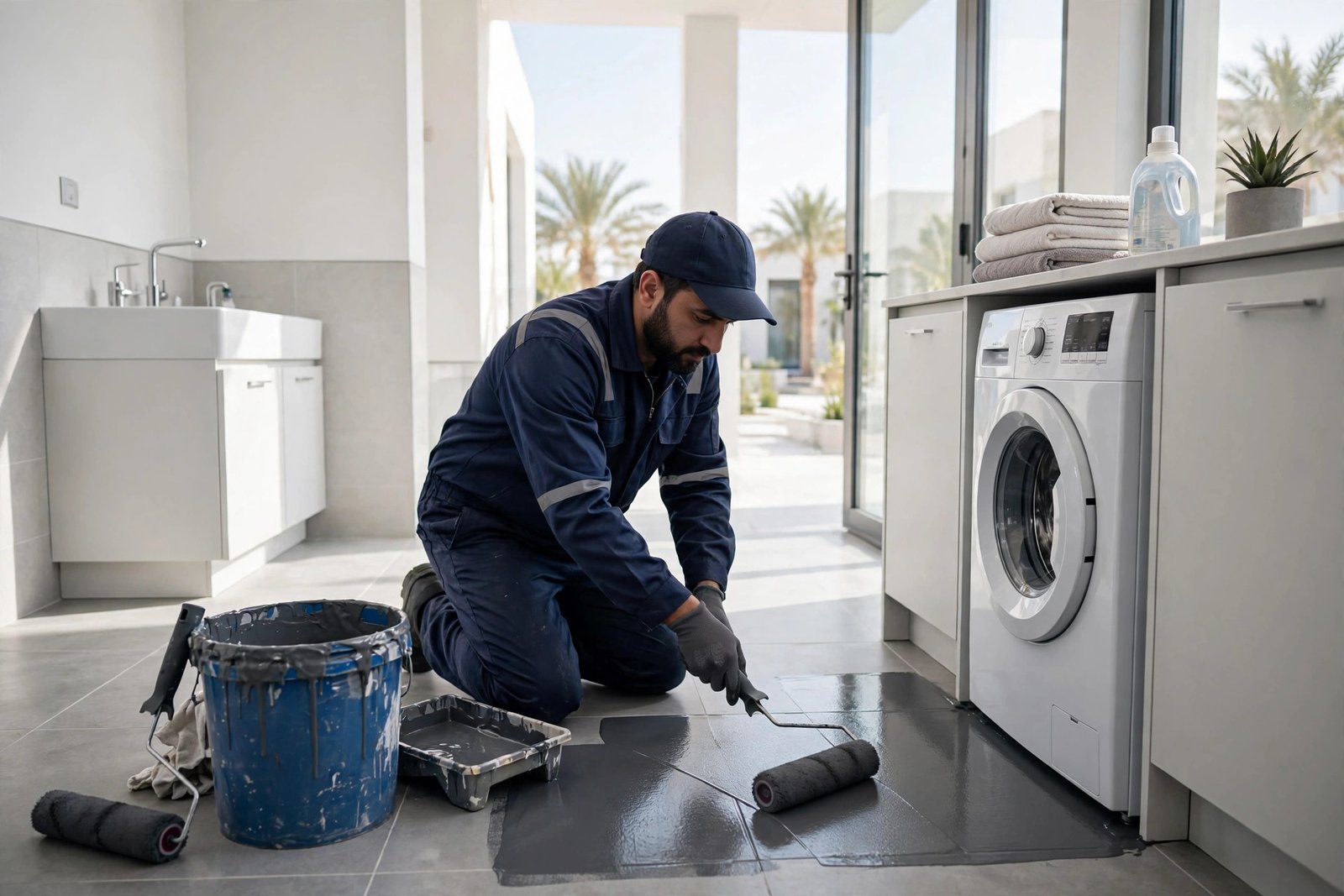 Technician sealing the laundry room floor, one of the main laundry room waterproofing areas, in a Riyadh villa