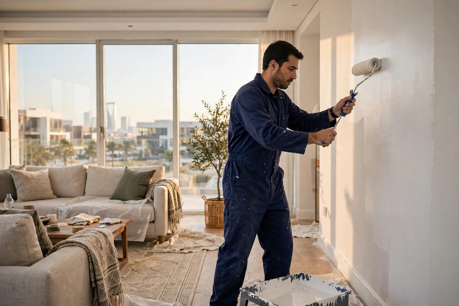 Apartment painting cost Riyadh: professional painter rolling fresh paint in a Saudi apartment living room