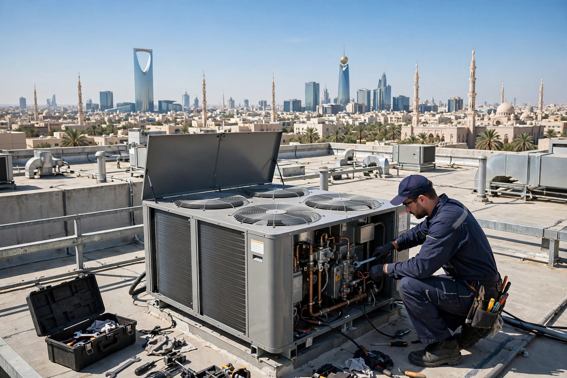 Package AC units pros for businesses: technician servicing a rooftop package AC unit in Riyadh