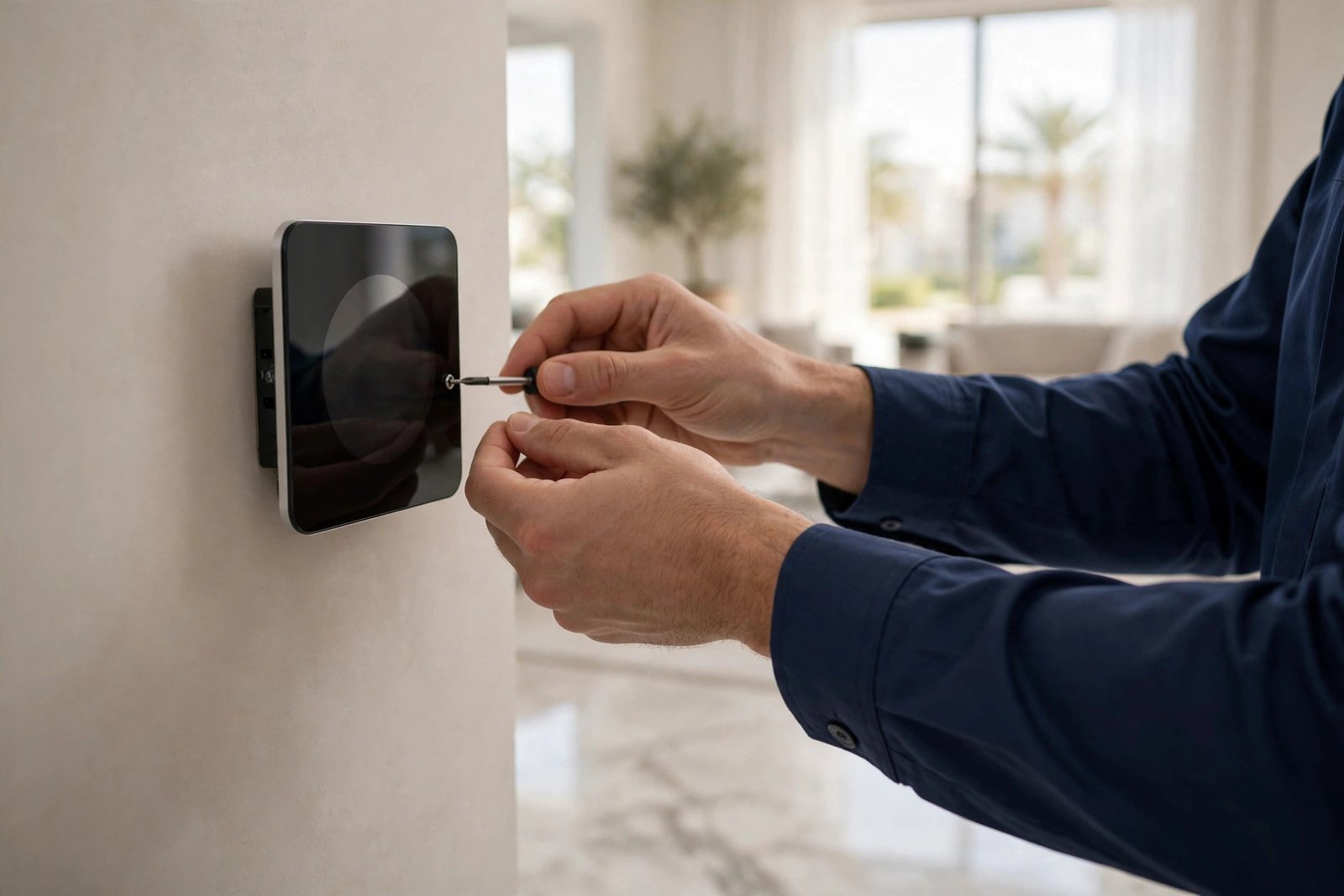 AC technician installing a new digital thermostat in a Riyadh villa, ac thermostat replacement cost riyadh guide